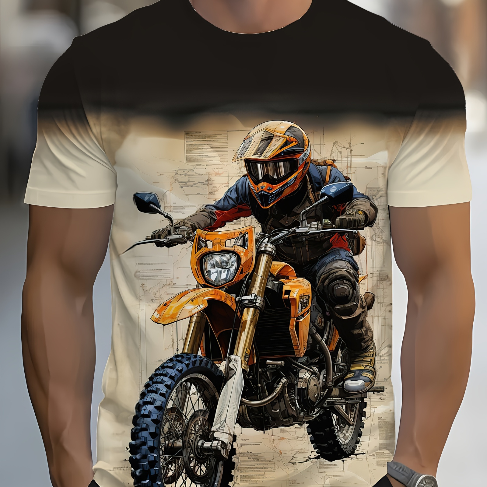 

T-Shirt Homme Imprimé 3D de Moto Tout- Dynamique - Manches Courtes Décontractées, Mélange de Polyester Extensible, Lavable en Machine, pour les Extérieures d'Été