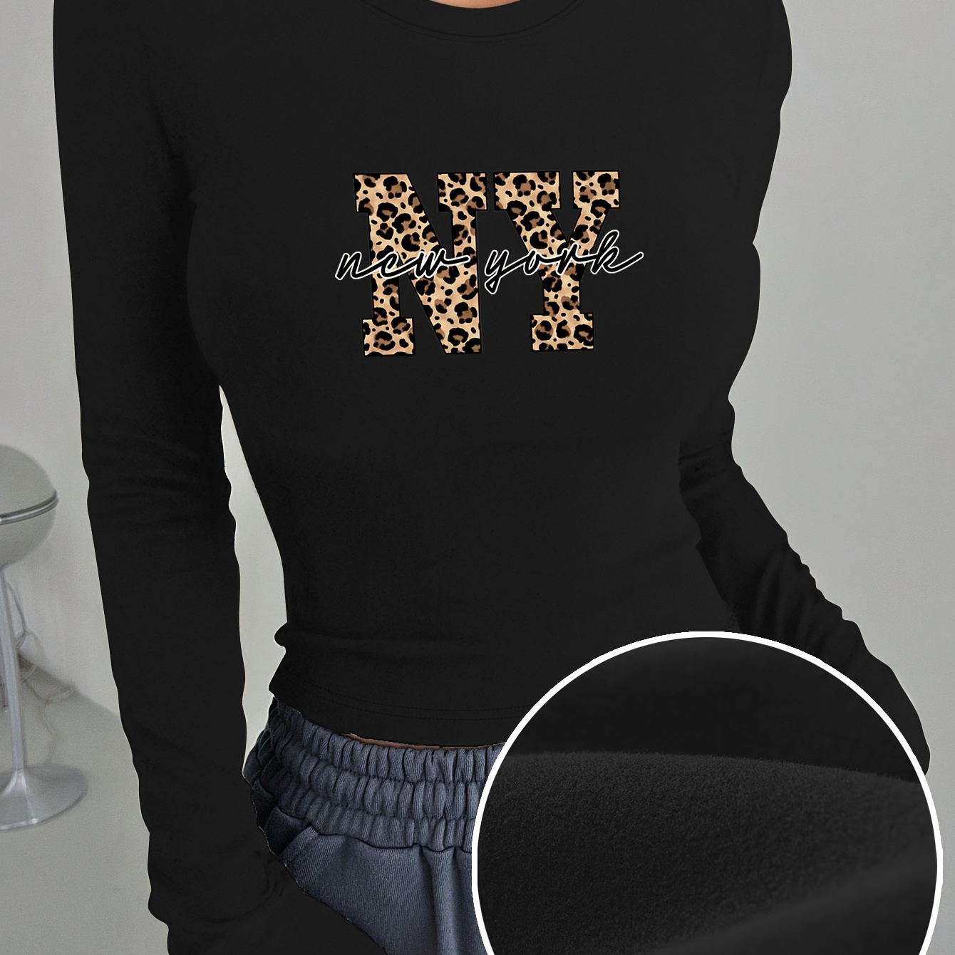 

Women's Elegant Crew Neck Leopard Applique Top, Polyester Knit Fabric Long Sleeve Shirt With Medium Stretch, Fall/winter Chic Pullover