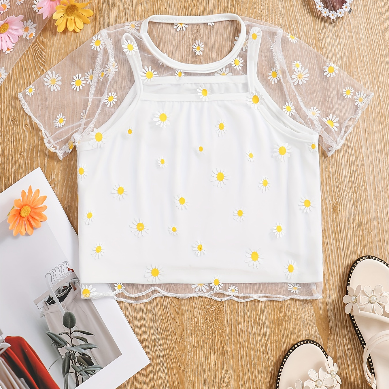 

Girls Camisole + Mesh Cover-up Tee Set, Daisy Floral Elegant Top Cute & Versatile For Holiday Summer