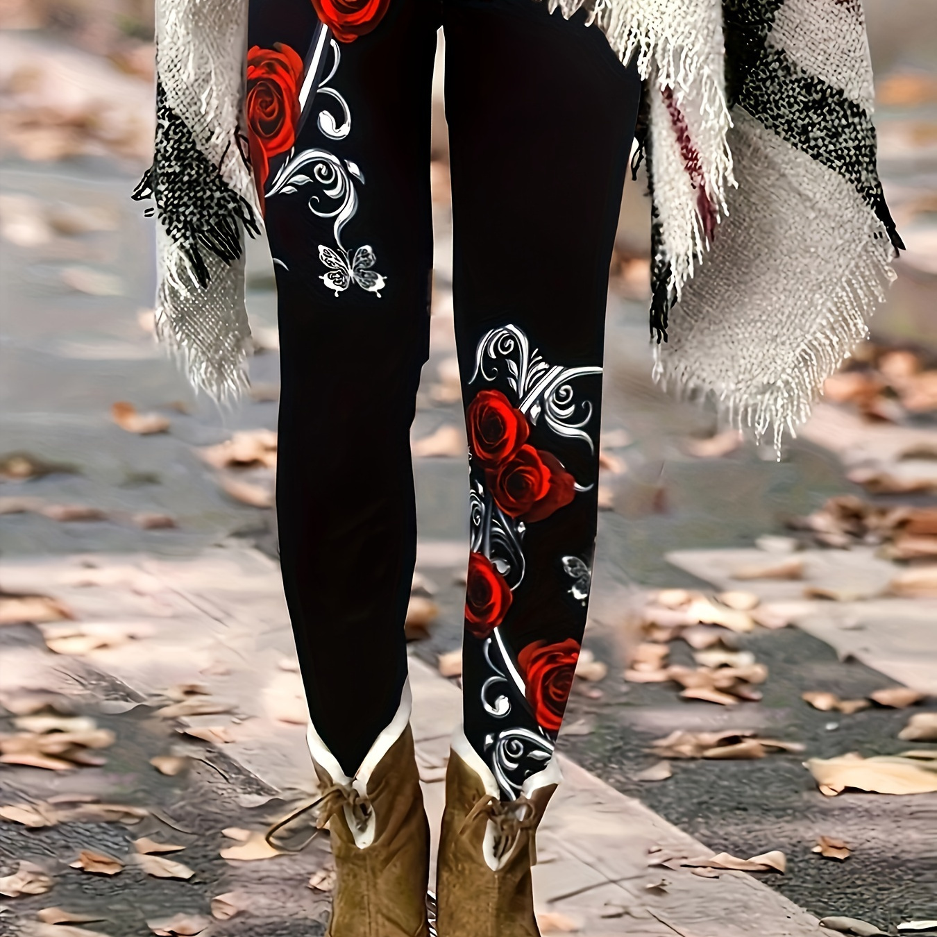 

Elegant Print Polyester Leggings For Women, Casual Knit Jeggings