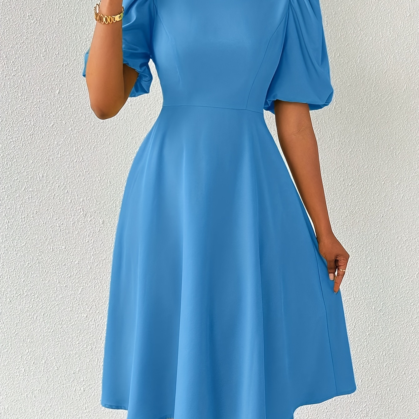 

Women's Polyester Midi Dress - Solid Color, Puff Sleeve, Crew Neck, Zipper Detail, , Knee-length A-line Dress With Waist