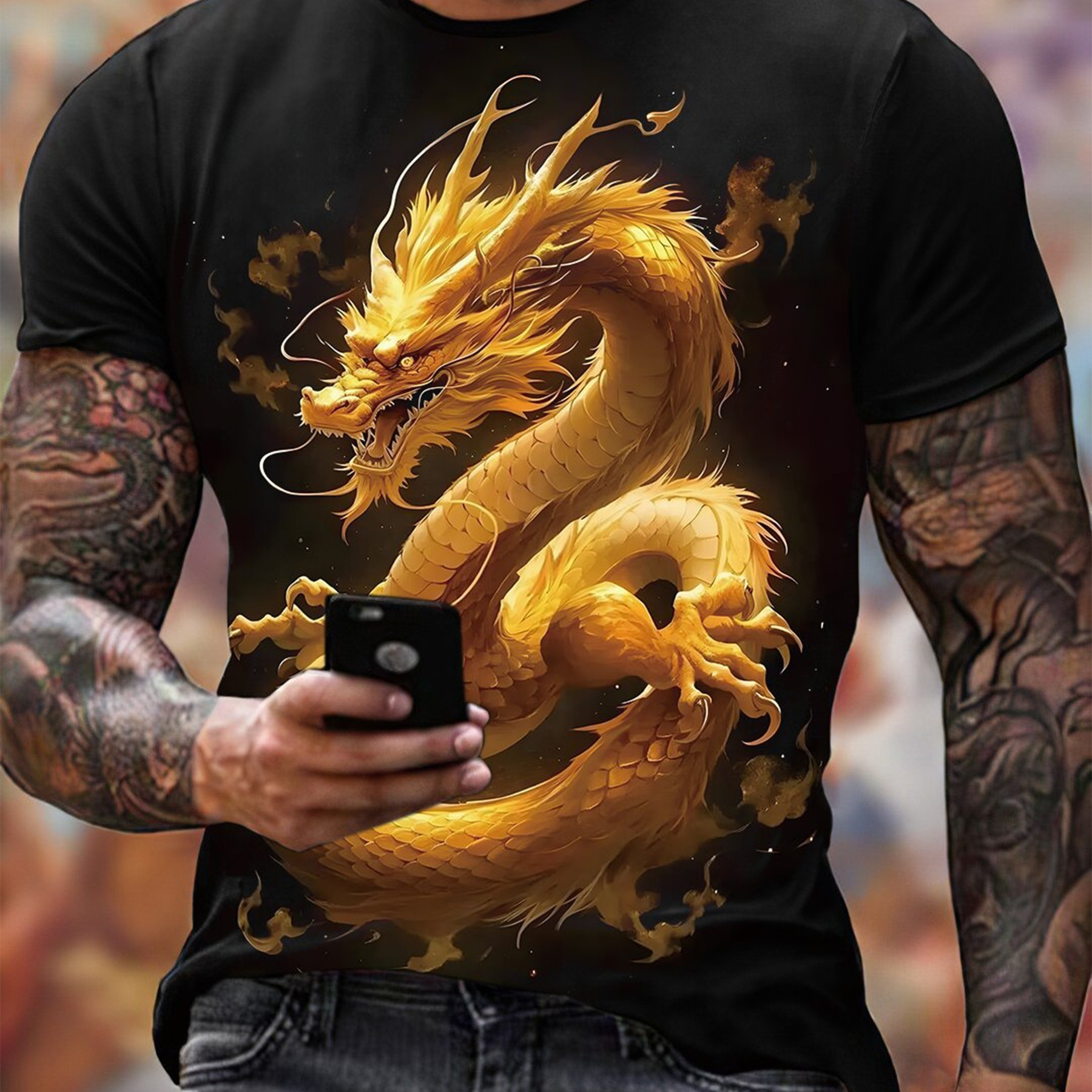 

T-shirt Imprimé Dragon Pour Hommes, Tee-shirt Décontracté À Manches Courtes Et Col Rond, Vêtements Pour Hommes Pour L'extérieur