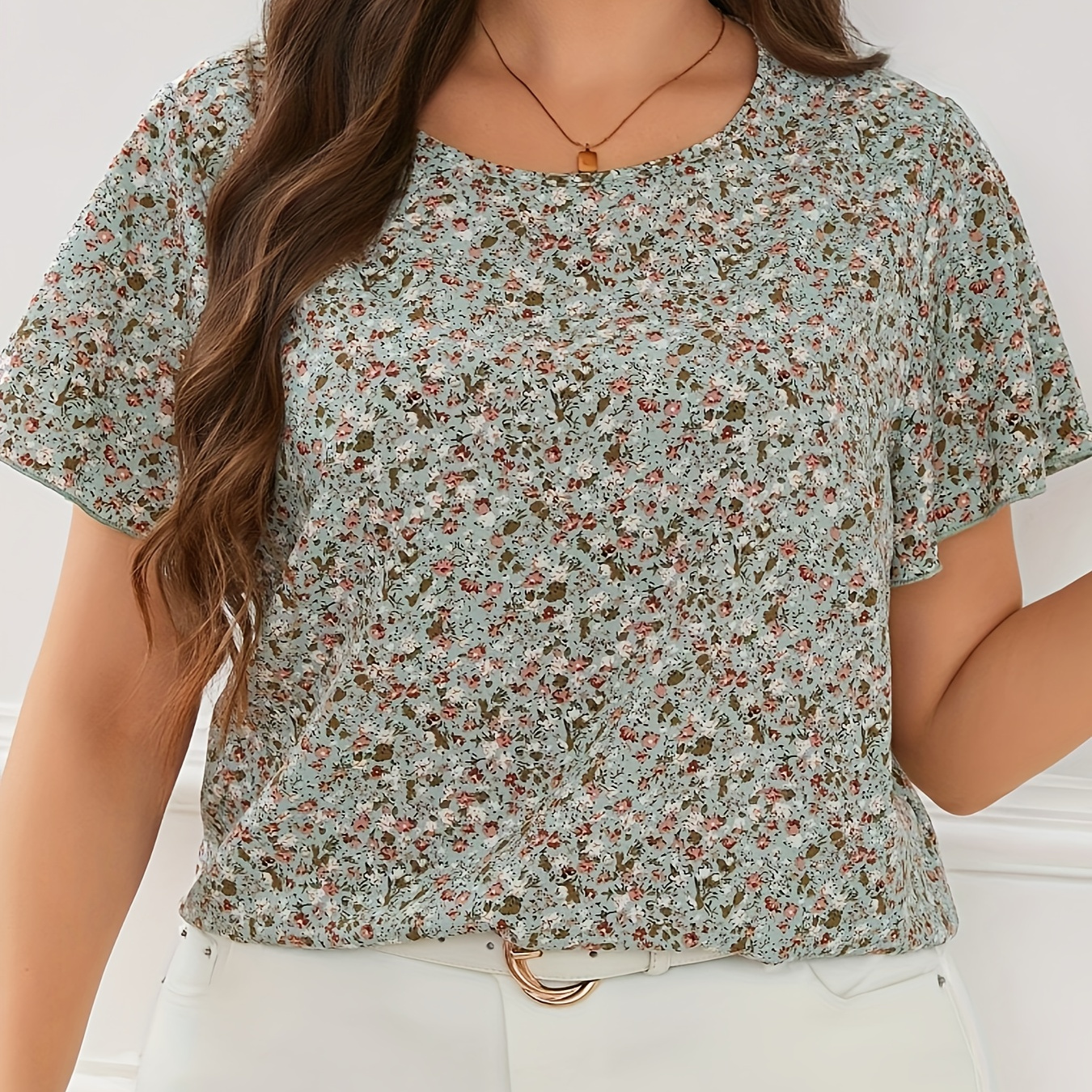 

Plus Size Floral Print Blouse, Casual Crew Neck Short Sleeve Blouse For Summer, Women's Plus Size clothing