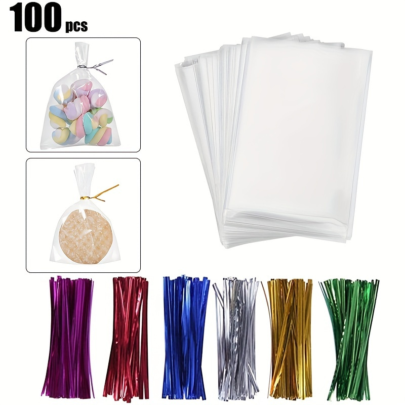 

100pcs Clear Cellophane Bags With Twist Ties - Perfect For Bakery, Cookies, Candies & Desserts!