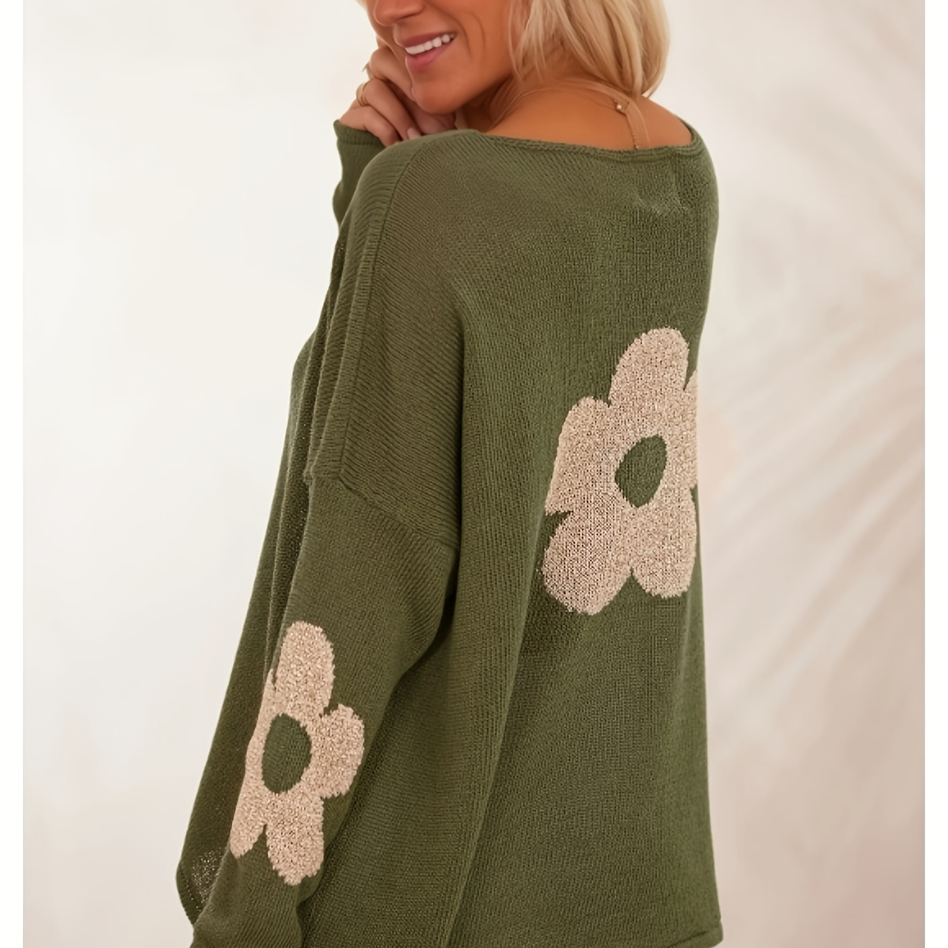 TEMU Plus Size - Women's Outdoor Loose Round Neck Top, Plus Size Long Sleeve Drop Shoulder Elegant Casual Jacquard Sweater