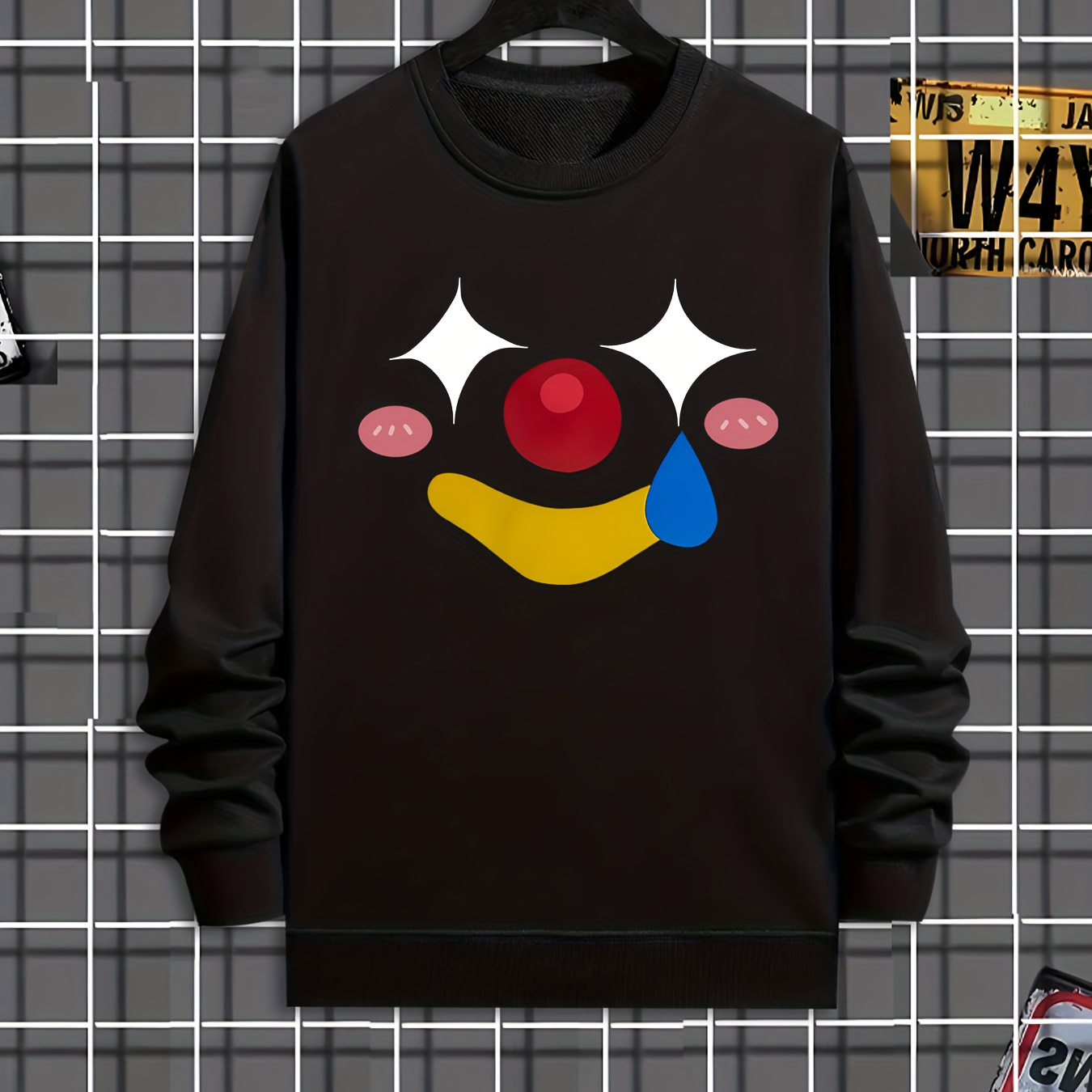 

Clown Face Print Trendy Sweatshirt, Men's Casual Graphic Design Crew Neck Pullover Sweatshirt For Men Fall Winter