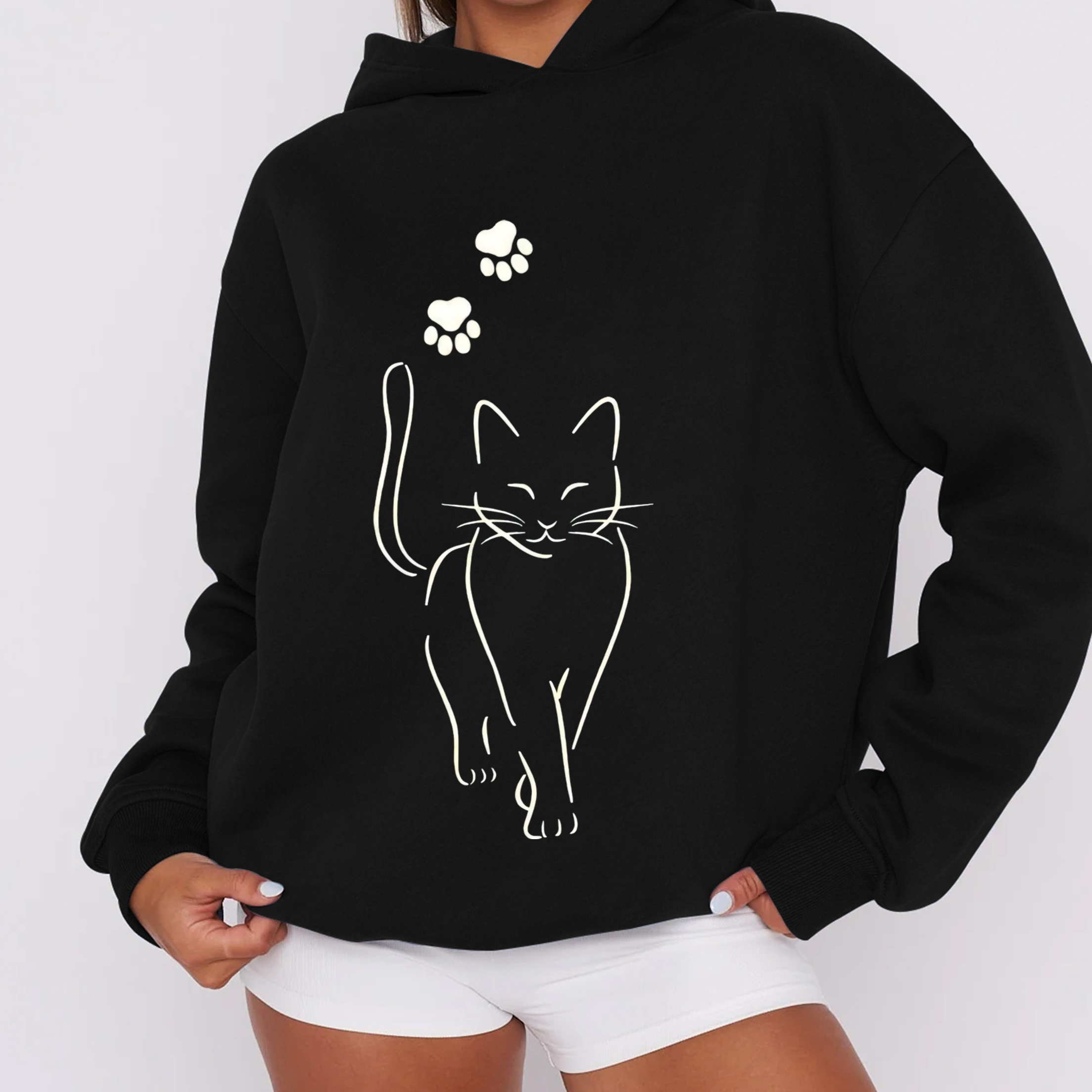 

Women's Casual Hoodie With Cat Graphic Print - 100% Polyester Knit Fabric Hooded Sweatshirt With Rib-knit Details - Animal Pattern Long Sleeve Pullover For Fall/winter