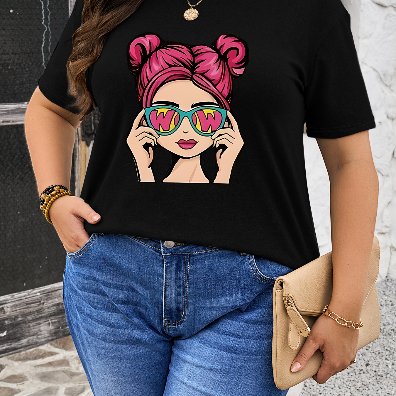 

Plus Size Girl Print T-shirt, Casual Short Sleeve Crew Neck Top For Spring & Summer, Women's Plus Size Clothing