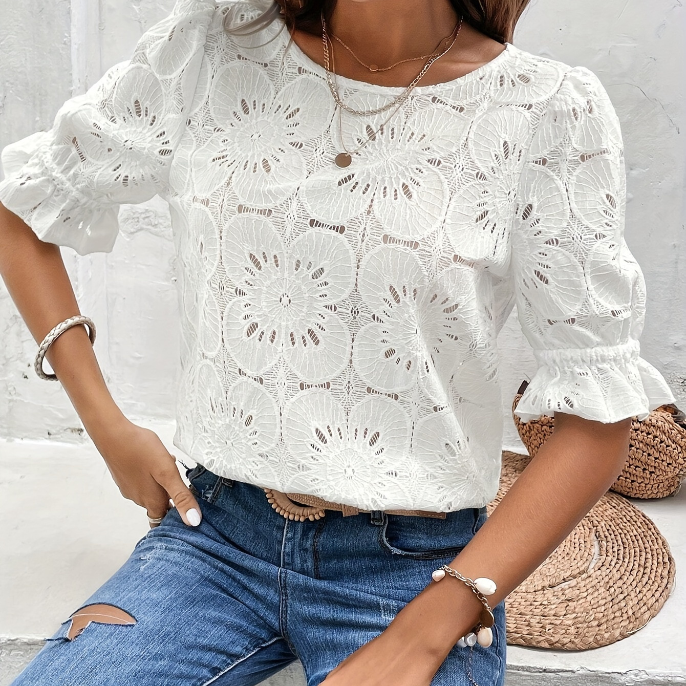 

Hollow Out Crew Neck Blouse, Casual Ruffle Trim Half Sleeve Blouse For Spring & Summer, Women's Clothing Wedding Holiday Vacation