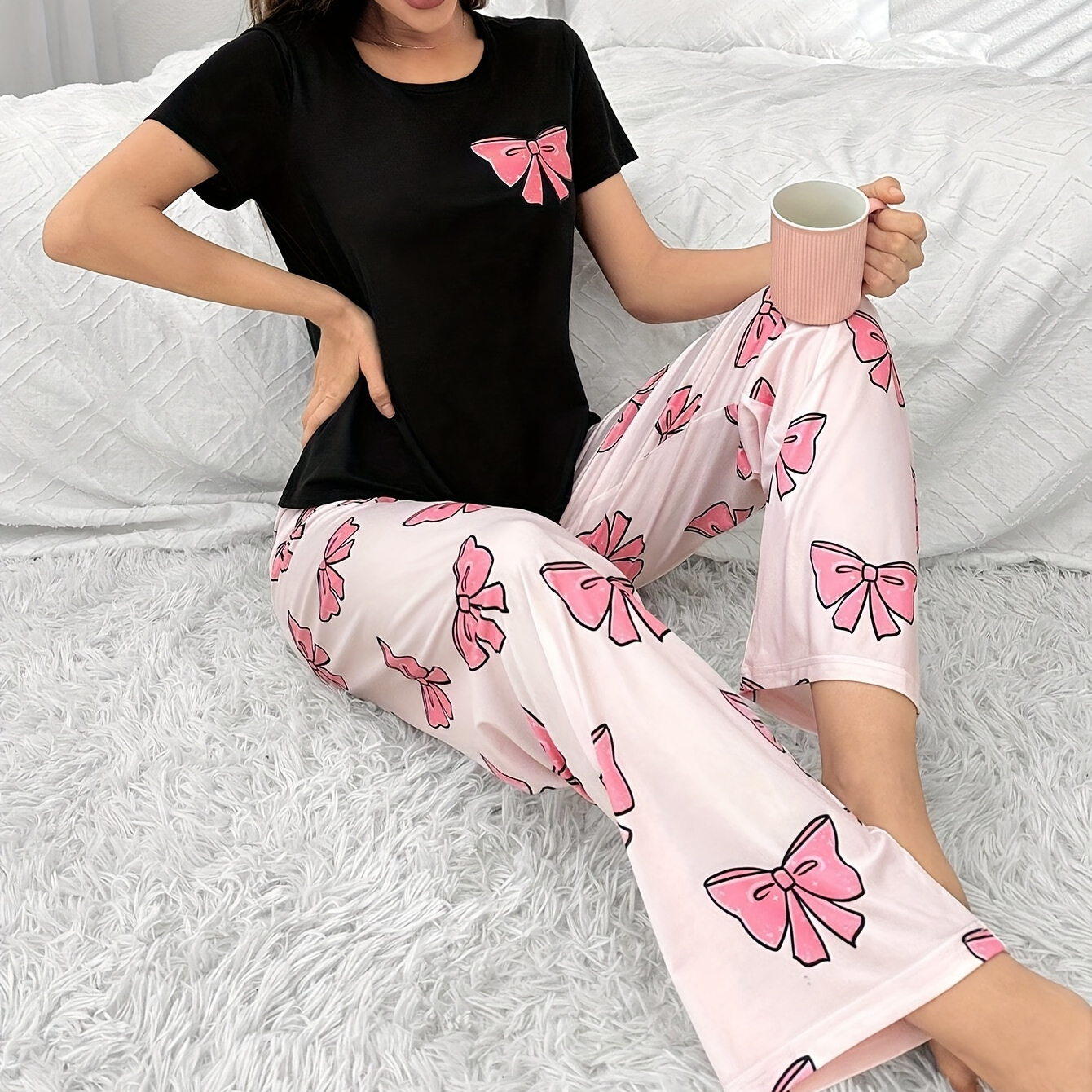 

Lady's Floral Butterfly Print Short Sleeve T-shirt And Long Pants Pajama Set - Adult Size, Polyester Material, Knit Fabric, Round Neckline, Bow Detail, Suitable For All Seasons