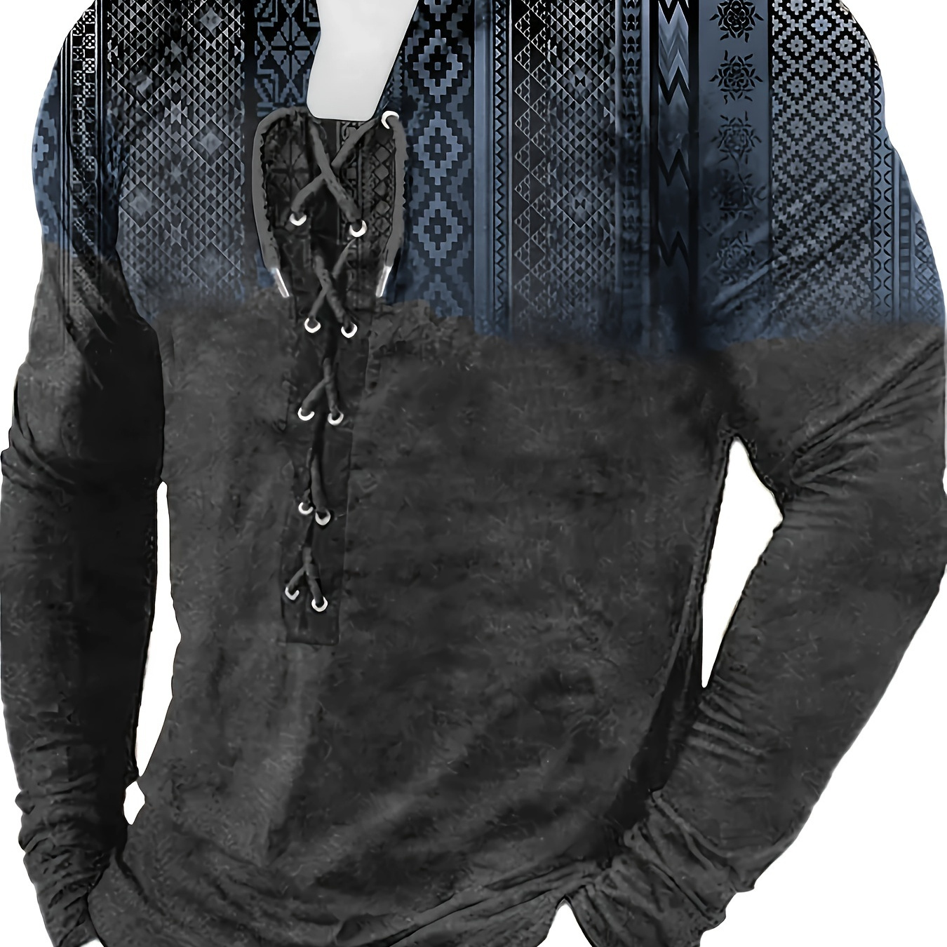 

Men's Retro Ethnic Patterns Print Long Sleeve Henley Shirt, Casual Lace- For Winter And Fall As Gift