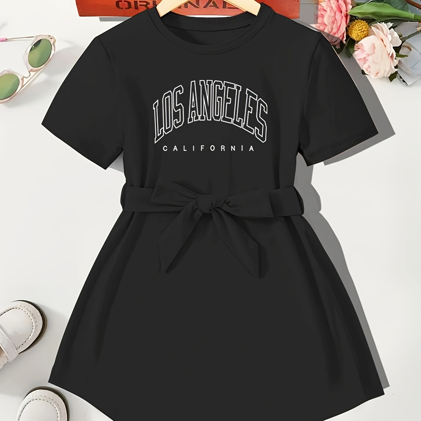 

Asymmetric Hem Los Angeles Print T-shirt Dress, Stretch Short Sleeve Dress For Girls Going Out
