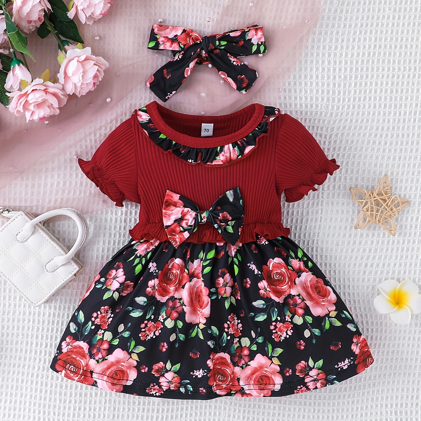 

Baby Girls Cute Casual Ruffled Stitching Flower Ribbed Dress & Bow Headband Set For Summer Holiday