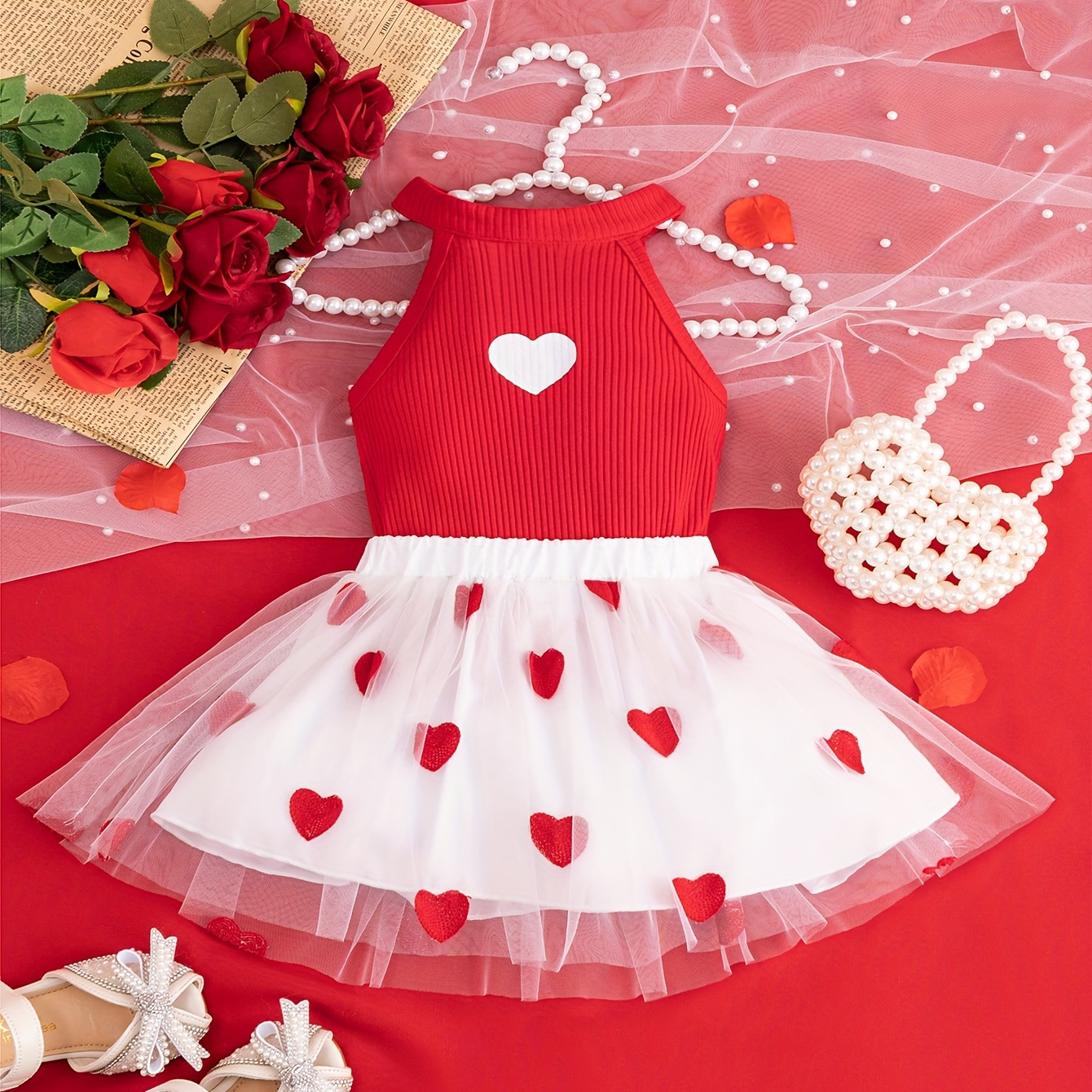 

Baby Girls Elegant Sweet Suit Dress, Sleeveless Pit Stripe Love Pattern Mesh Dress Valentine's Day