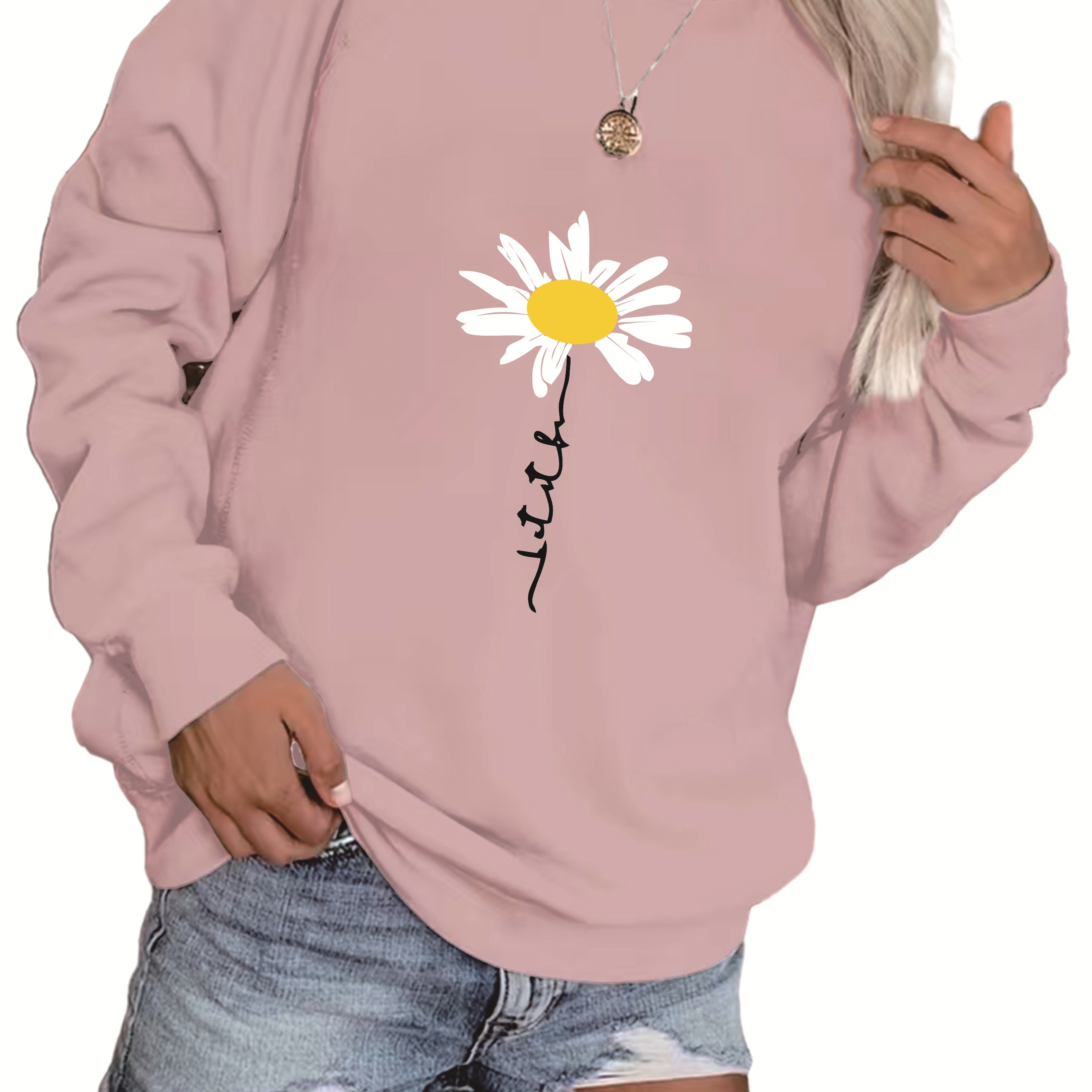 

Plus Size Casual Sweatshirt, Women's Plus Daisy & Art Letter Print Long Sleeve Crew Neck Slight Stretch Pullover Sweatshirt, Casual Tops For Fall & Winter, Plus Size Women's Clothing