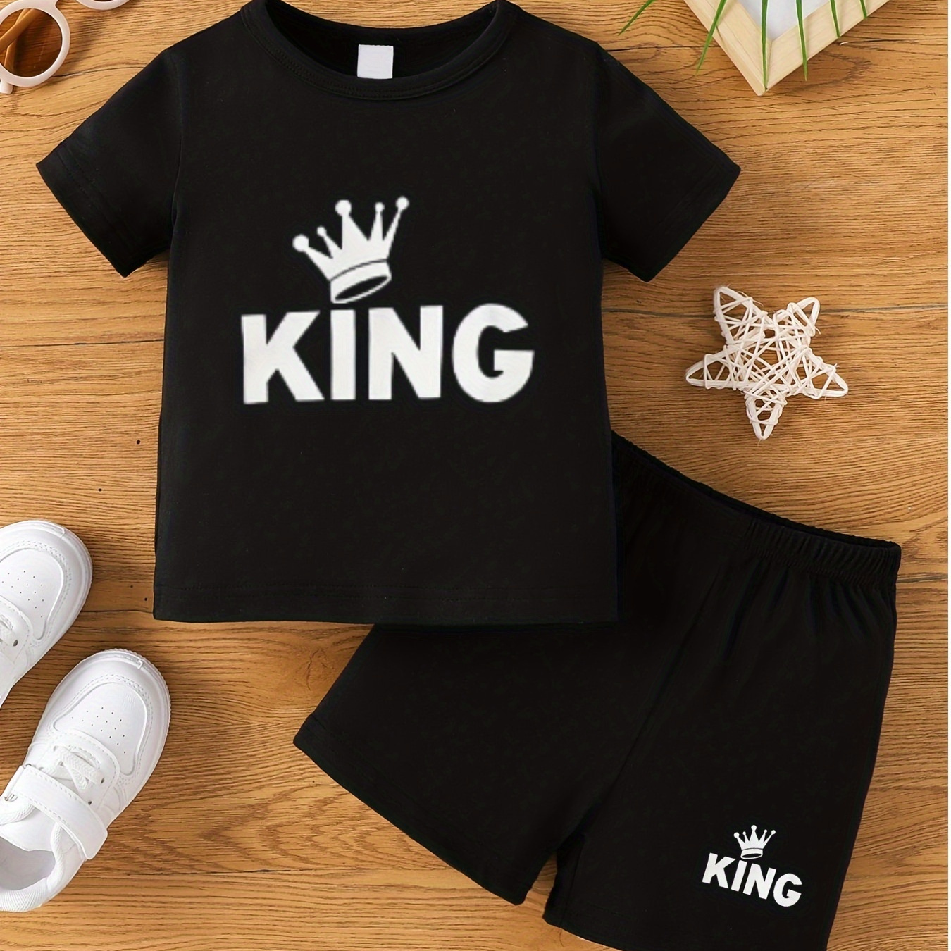 

Baby's "king" & Crown Print 2pcs Summer Casual Outfit, T-shirt & Shorts Set, Toddler & Infant Boy's Clothes