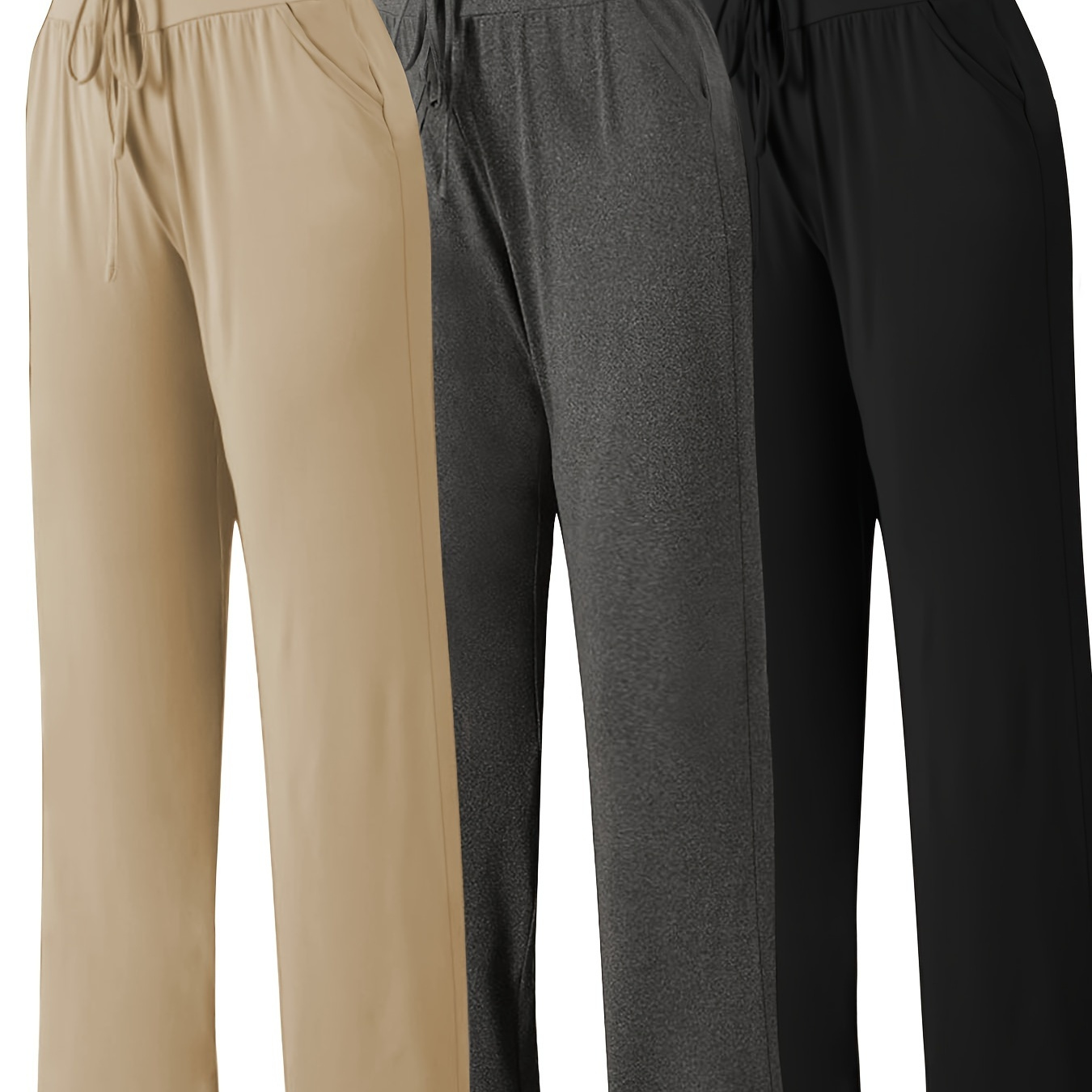 

3 Packs Plus Size Solid Straight Leg Pants, Casual Drawstring Elastic Waist Pants, Women's Plus Size Clothing