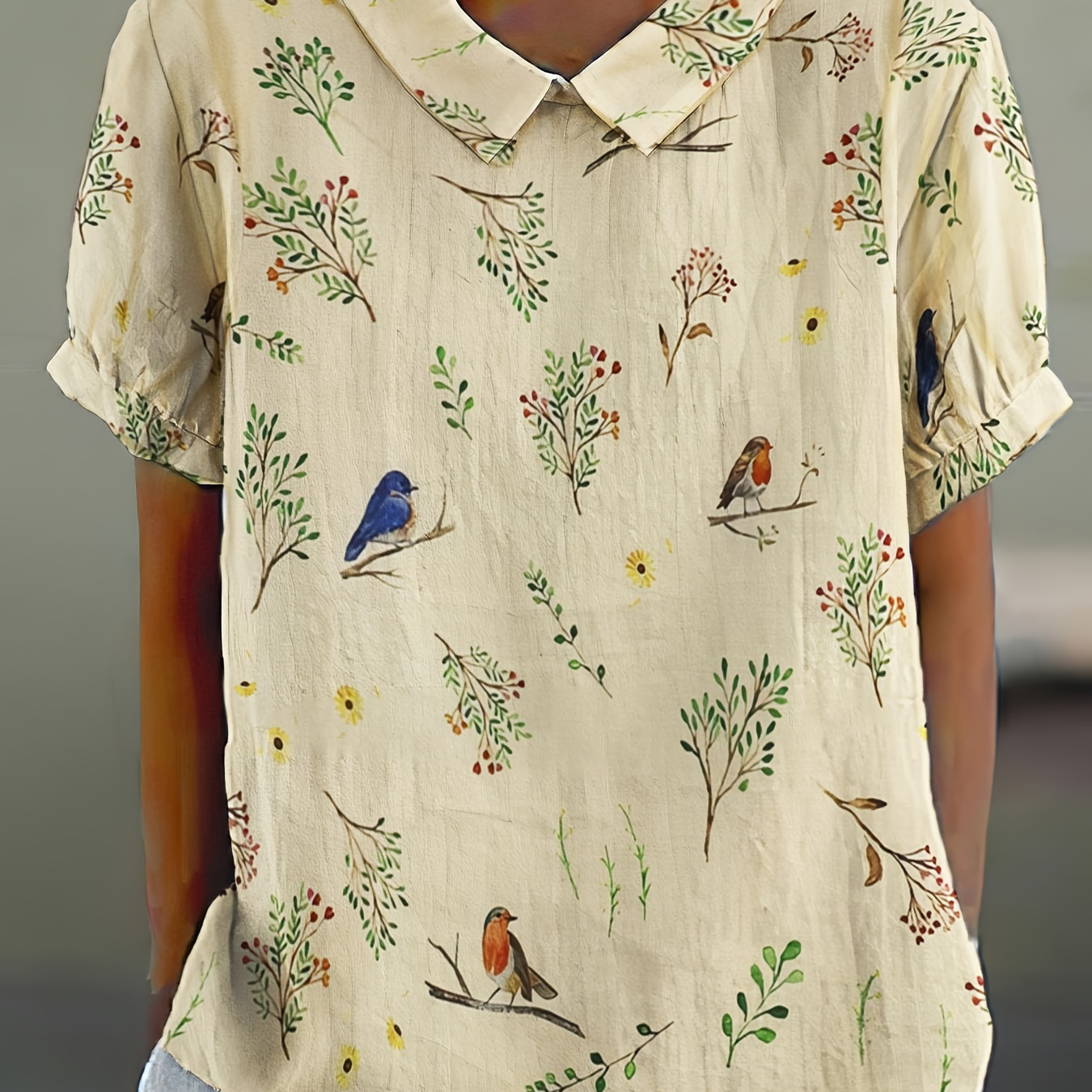 

Ladies' Artistic Print Short Sleeve Polo Shirt With Leaf And Bird