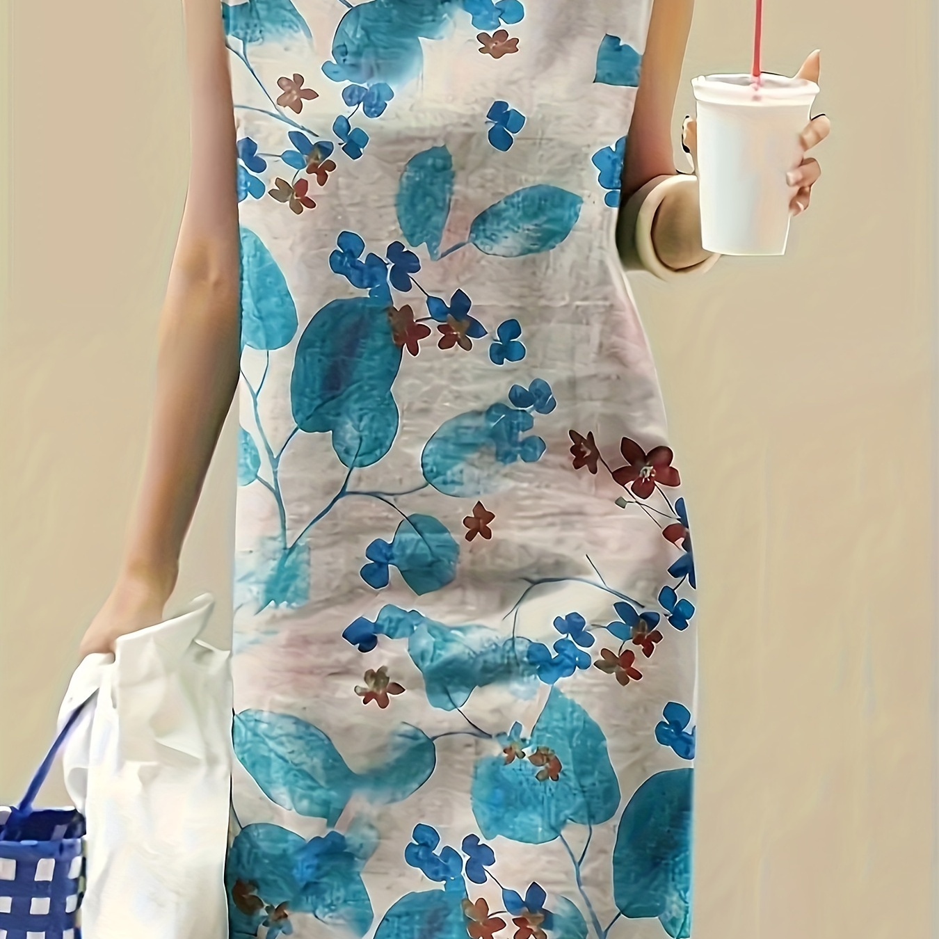 

Elegant Floral Sleeveless Midi Dress For Women - Casual Polyester, Round Neck, Machine Washable, Watercolor Blue & Pattern, All , Plus Size Elegant Dress