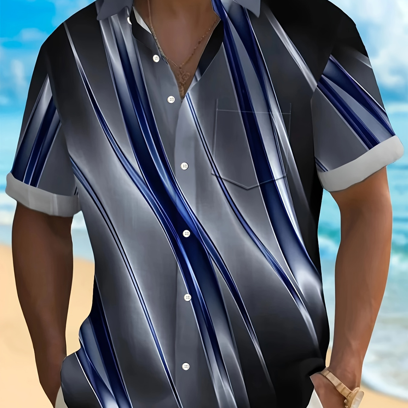 

Plus Size Men's Stripes Graphic Print Shirt For Summer, Fashion Casual Short Sleeve Shirt For Beach Vacation