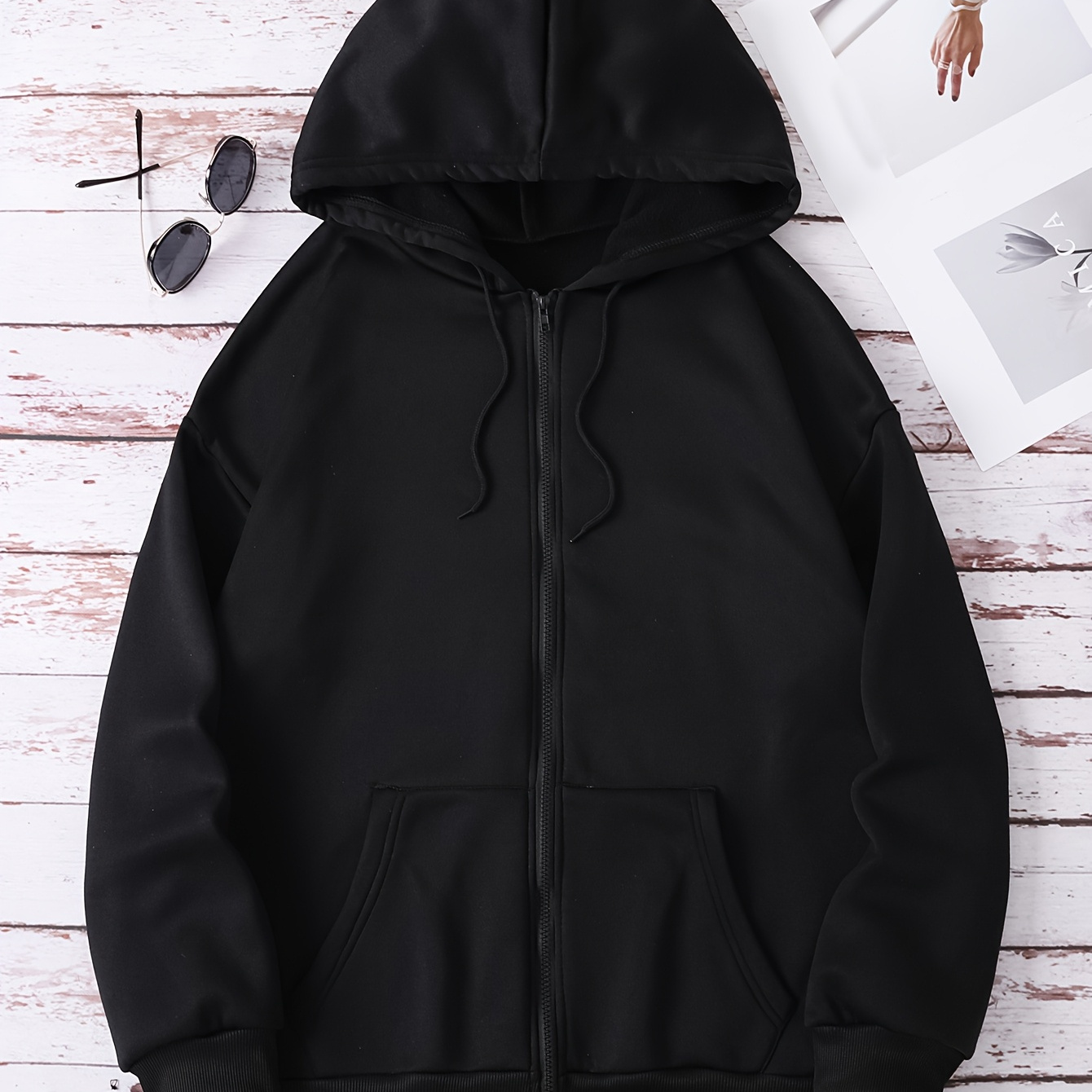 

Women's Oversized Black Hooded Zip-up Sweatshirt - Soft Polyester, Long Sleeve, Front Pockets, Machine Washable, For All , Cute Sweatshirts