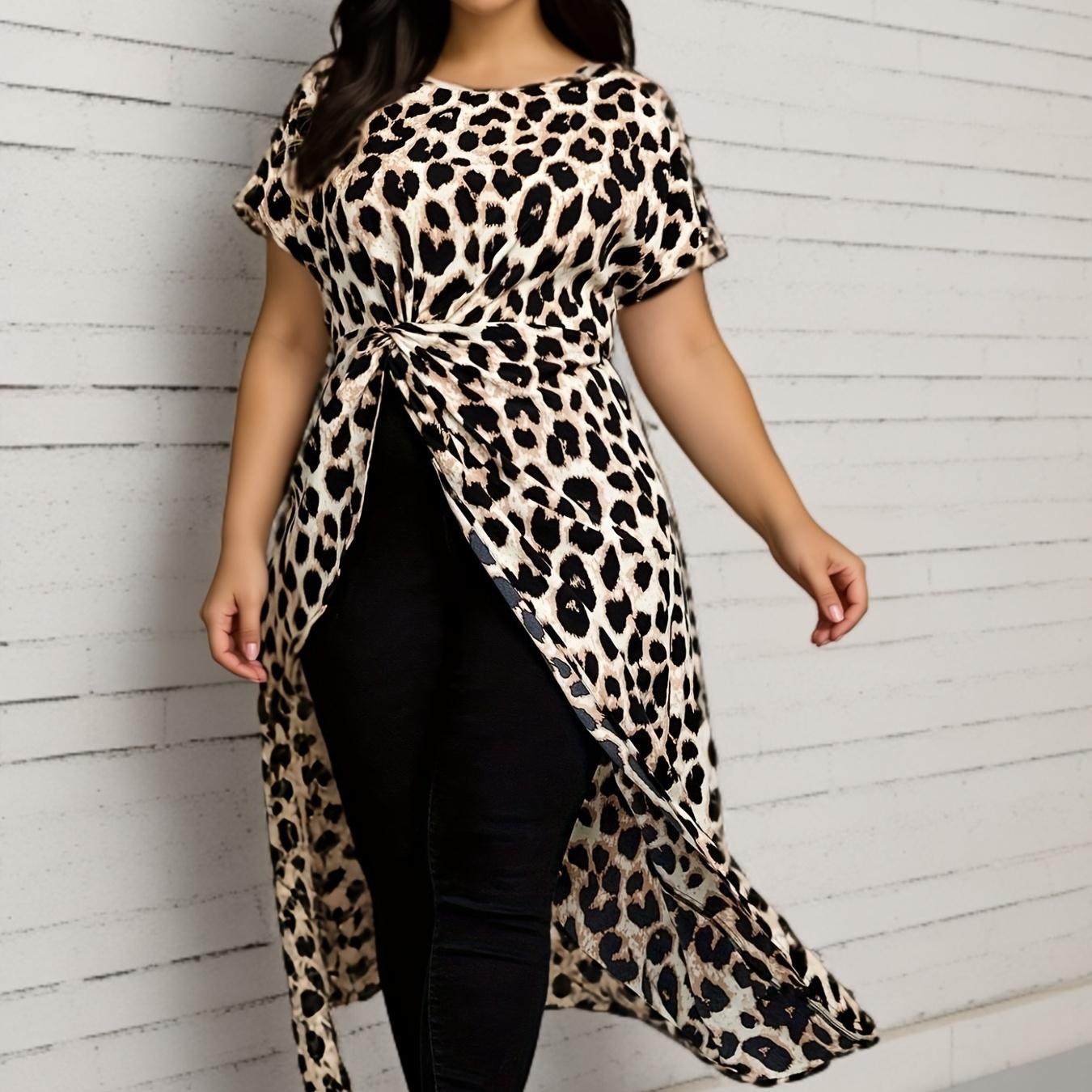 

Plus Size Leopard Neck Blouse, Elegant Short Sleeve Twist Asymmetrical Top For , Women's Plus Size Clothing