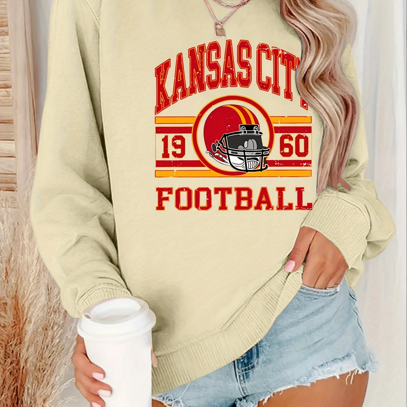 

Women's 1960 Football Graphic Sweatshirt, Polyester 100 Neck Knit Fabric, Casual Alphabet Pattern, Fall/winter Season, 220g/m² Weight