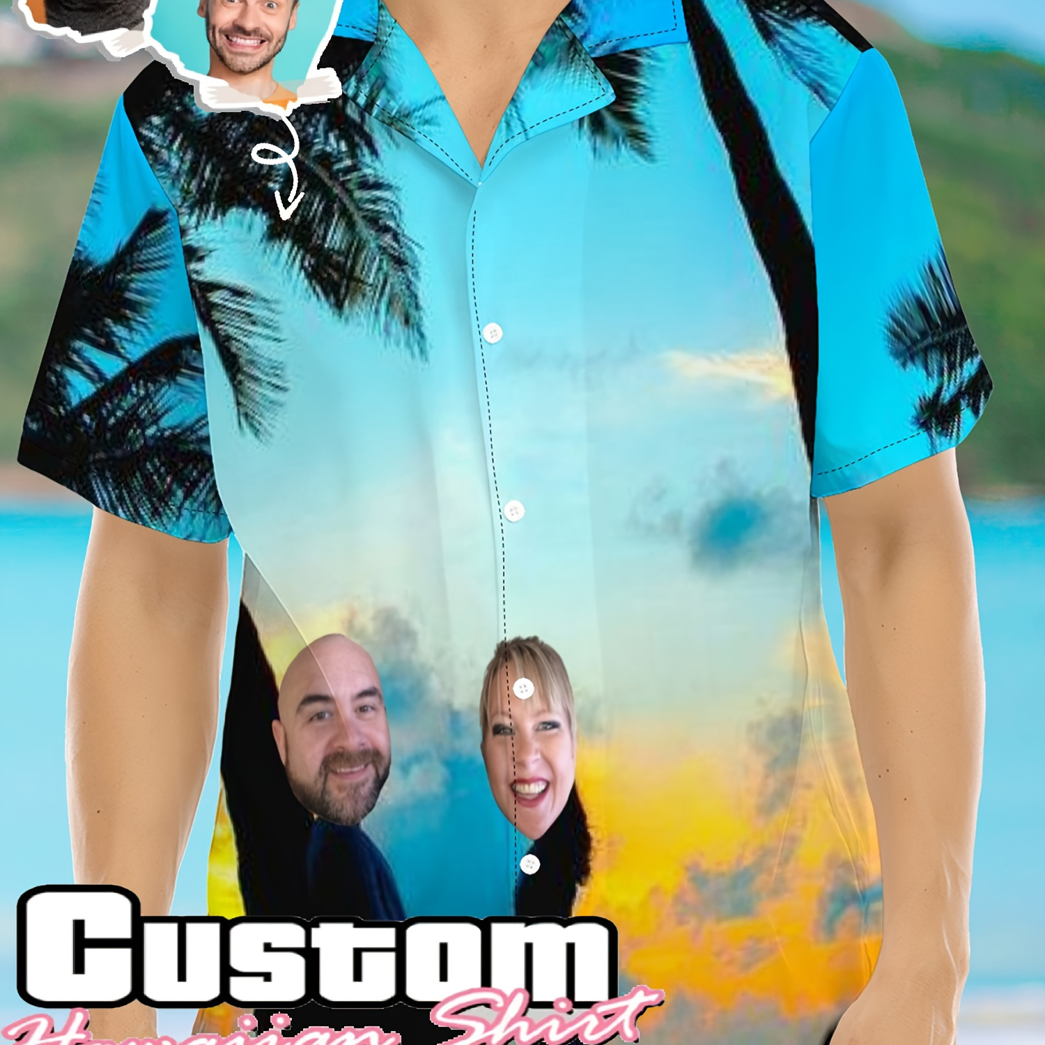 

Custom Personalized Photo Hawaiian Print Men's Summer Fashionable And Simple Short Sleeve Button Casual Lapel Simple Shirt, Trendy And Versatile, Suitable For Dates, Beach Holiday, As Gifts