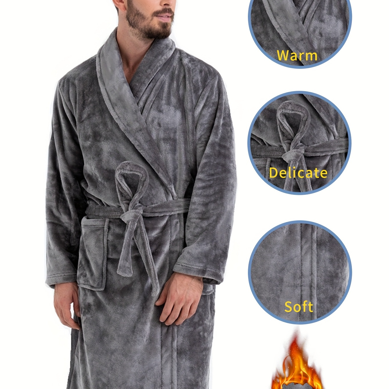 

Men's Flannel Lapel Loose Soft Belt Bathrobe Long Sleeve Thermal Loungewear For Indoor, Uniform Size Of S, M, L, Xl, Xxl