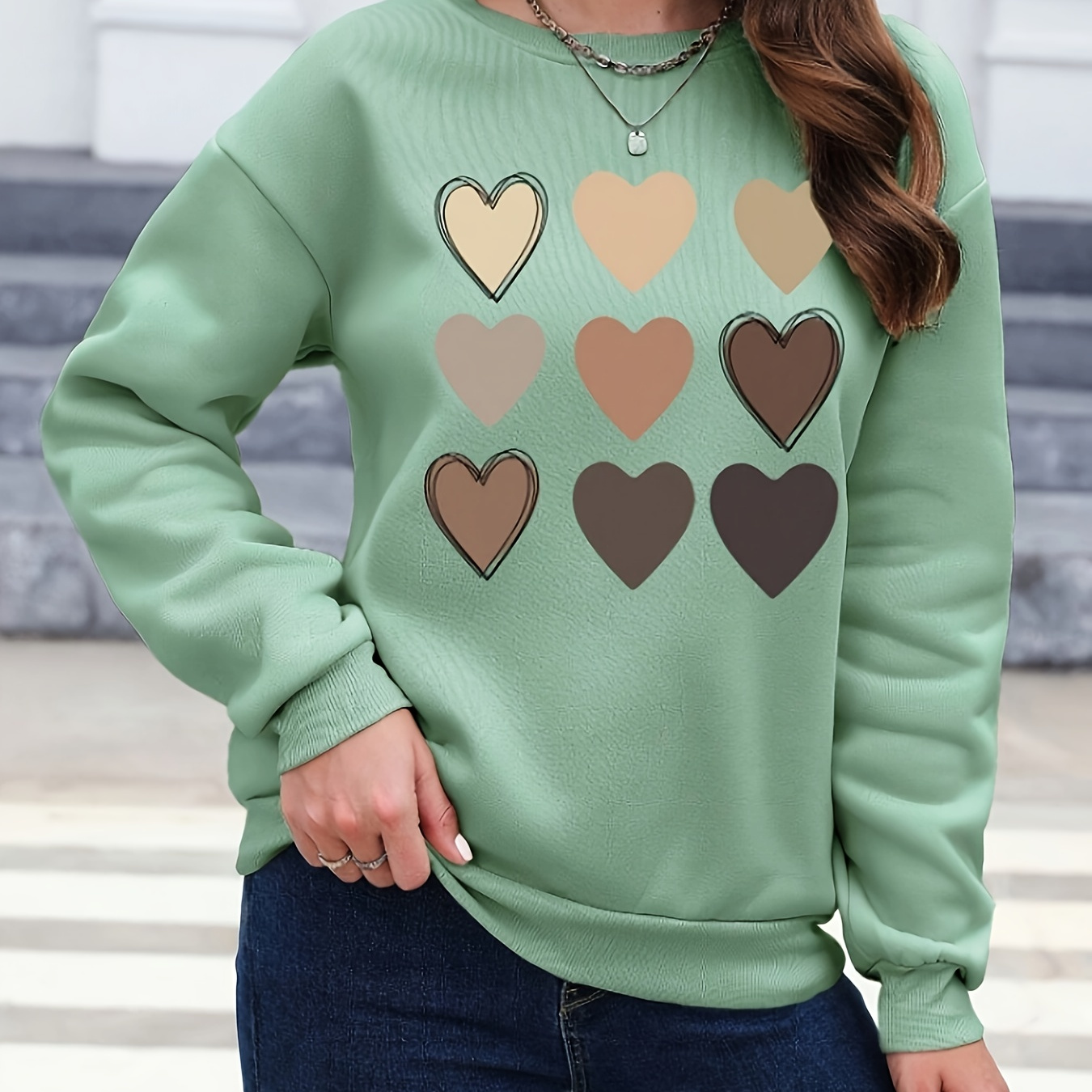 

Hearts Print Pullover Knitted Sweatshirt, Casual Long Sleeve Crew Neck Sweatshirt For Spring & Fall, Women's Clothing