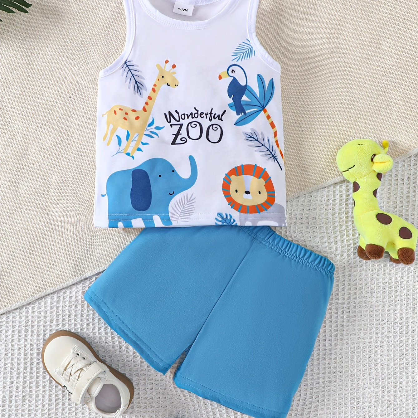 

2pcs Infant's "wonderful Zoo" Print Summer Set, Tank Top & Casual Shorts, Baby Boy's Clothes
