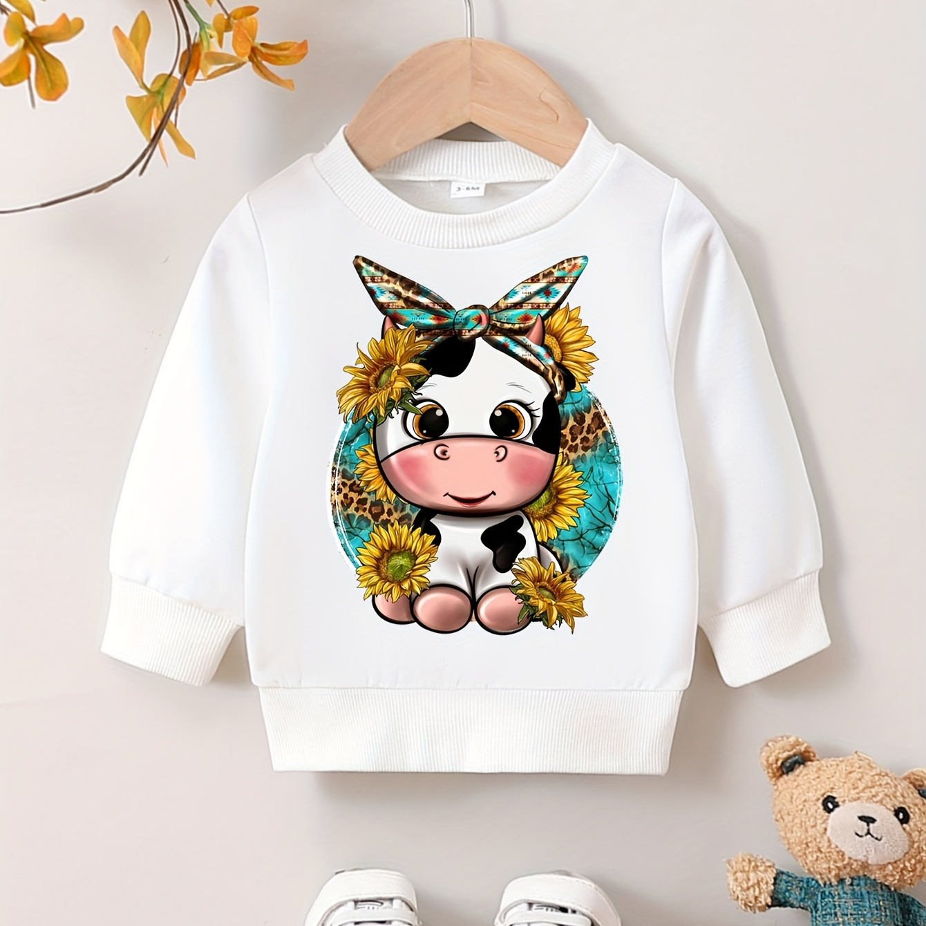 

Baby Girl Animal Cow Flower Print Cute New Long-sleeved Sweatshirt