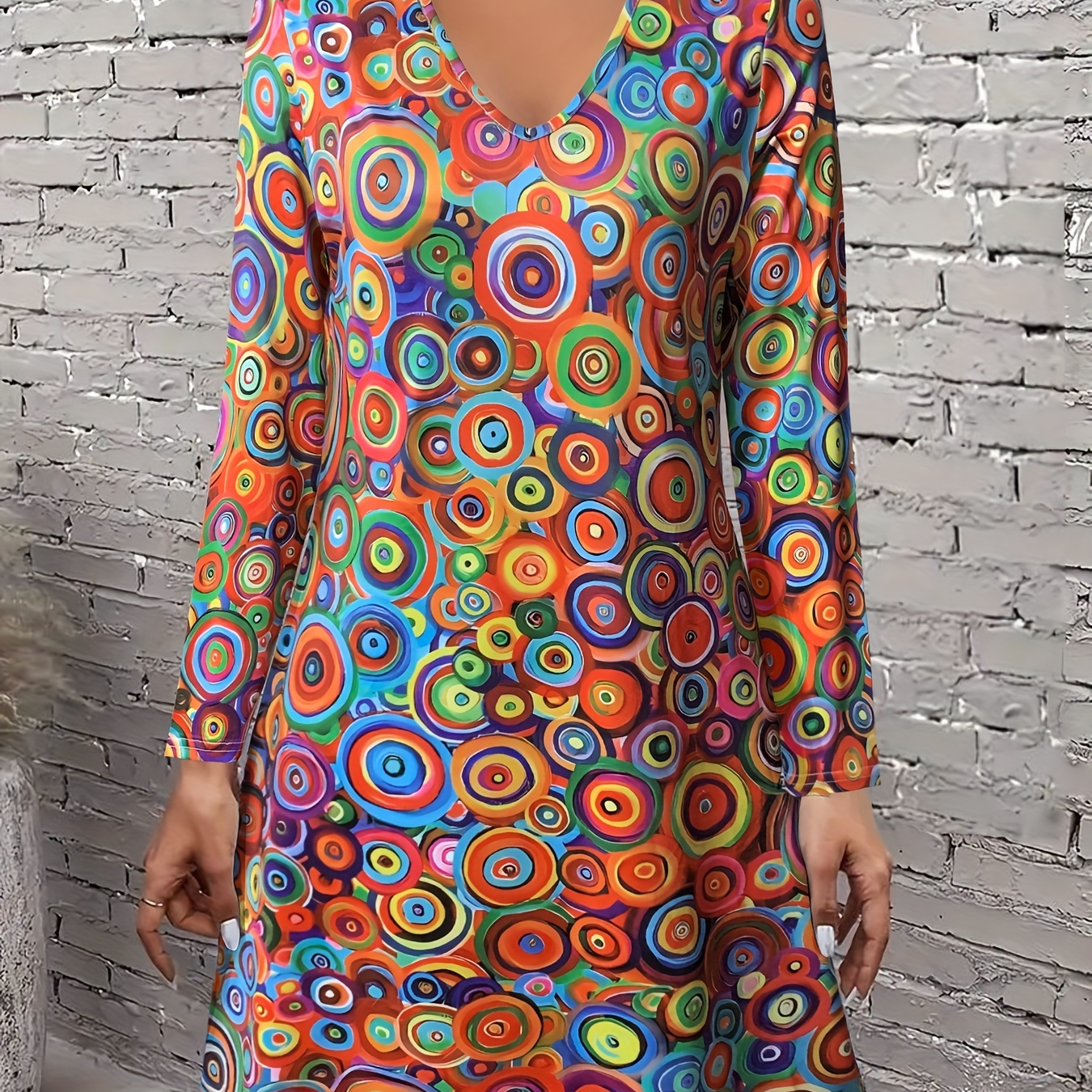 

Women's Casual V-neck Long Sleeve Dress With Vibrant Geometric Pattern, Polyester Knit Fabric, Loose Fit, Wear, Retro-, Machine Washable, Comfortable Clothing | Dress | Stretchy Fabric