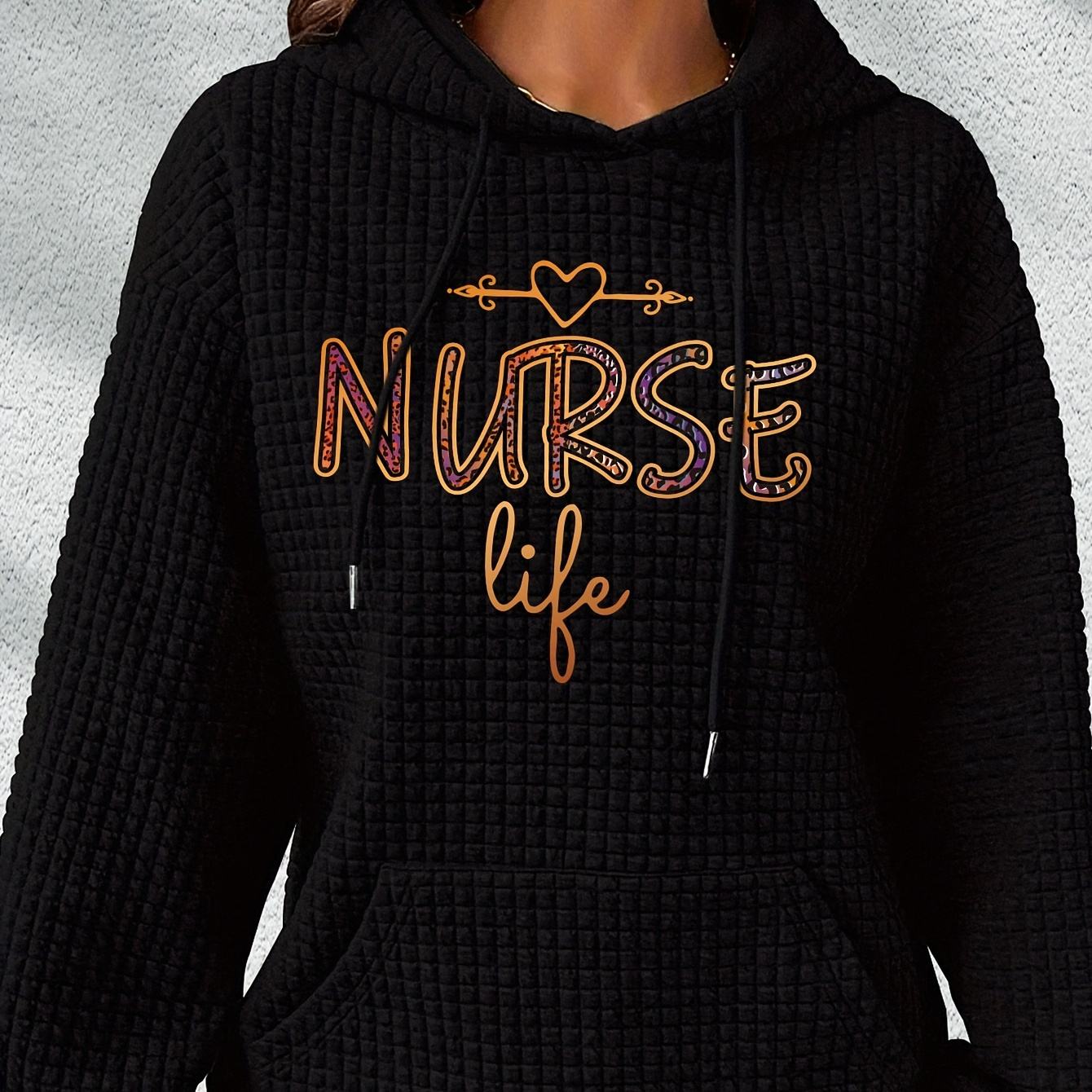 

Nurse Print Waffle Hoodie, Drawstring Kangaroo Pocket Casual Hooded Sweatshirt For Winter & Fall, Women's Clothing