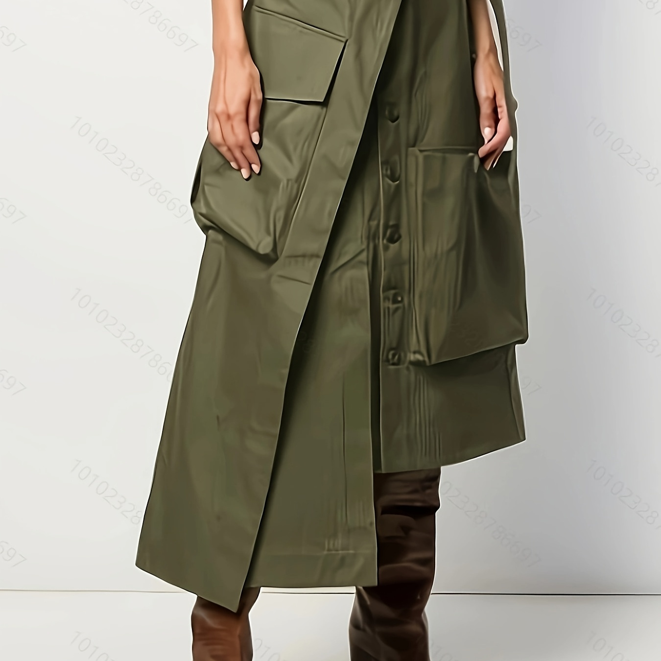 

Olive -line Midi Skirt With Button Front & Pockets - Woven Polyester Skirt With Waist Belt For Casual & Semi-formal Occasions