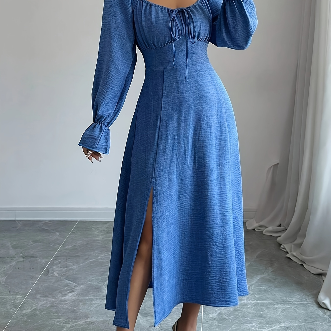 

Elegant Square Neck Long Sleeve Dress With Tie-front Detail And Side Slit - Polyester , Machine Washable - Spring/summer/fall