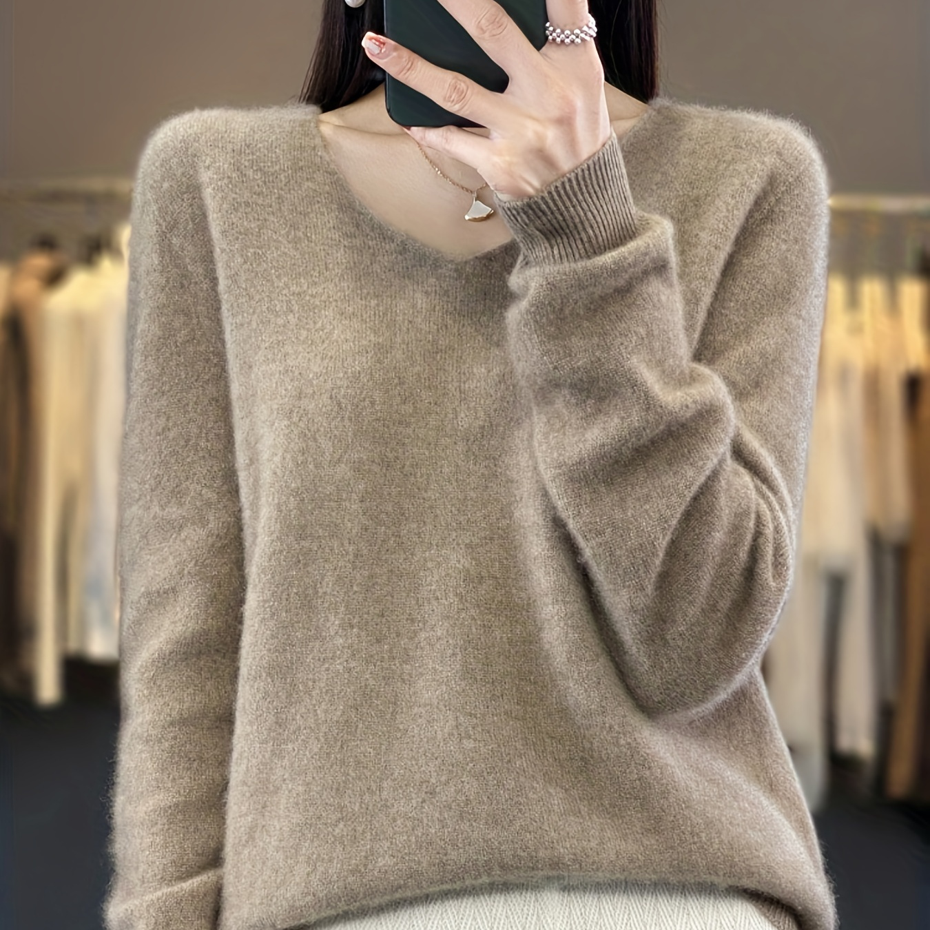 Solid Simple Knit Sweater, Elegant V Neck Long Sleeve Sweater, Women's Clothing