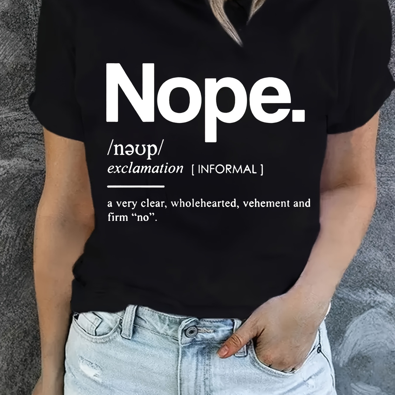 

Nope Letter Print Crew Neck T-shirt, Short Sleeve Casual Top For Summer & Spring, Women's Clothing