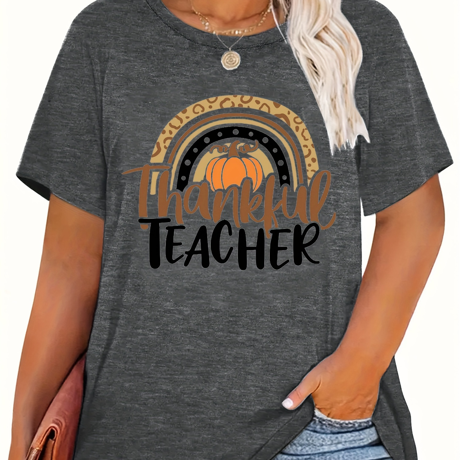 

Plus Size Thankful Teacher Print T-shirt, Casual Short Sleeve Crew Neck Top For Spring & Summer, Women's Plus Size Clothing