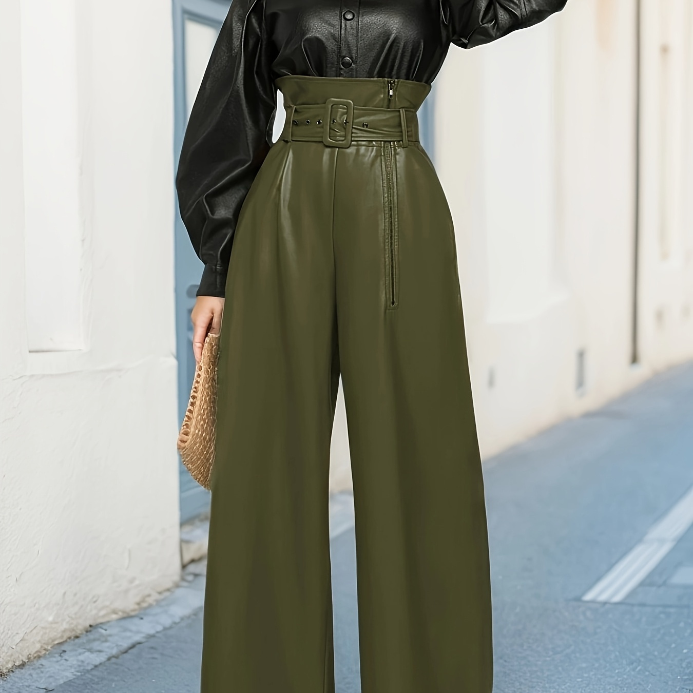 

Women's High Waist Wide Leg Pants, Leather Pu Pants With Metal Belt, Casual Solid Color Cropped Long Length Loose Fit Weekend Casual Wear