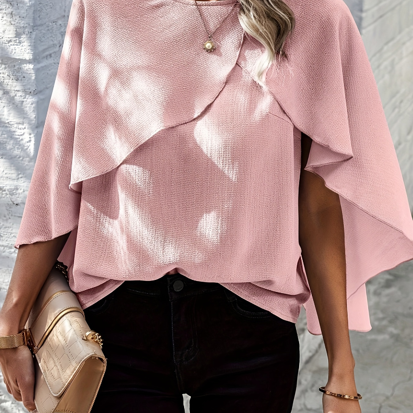 

Crew Neck Asymmetric Cape Blouse, Casual Solid Color Cape Sleeve Layered Top For Spring & Summer, Women's Clothing