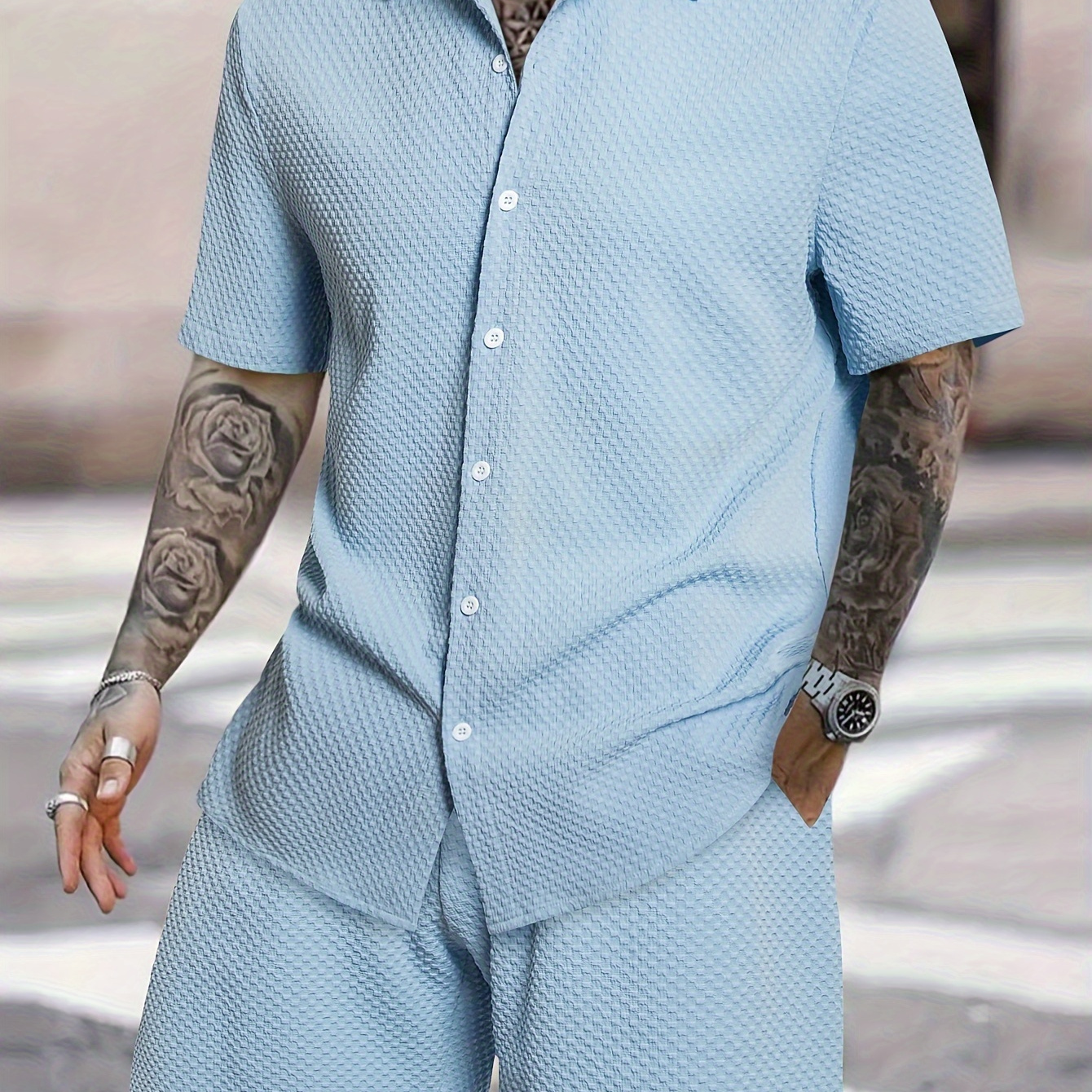 

2-piece Men' Color Summer Outfit Set, Men's Short Sleeve Button Up Lapel Shirt Top & Drawstring Shorts With Pockets