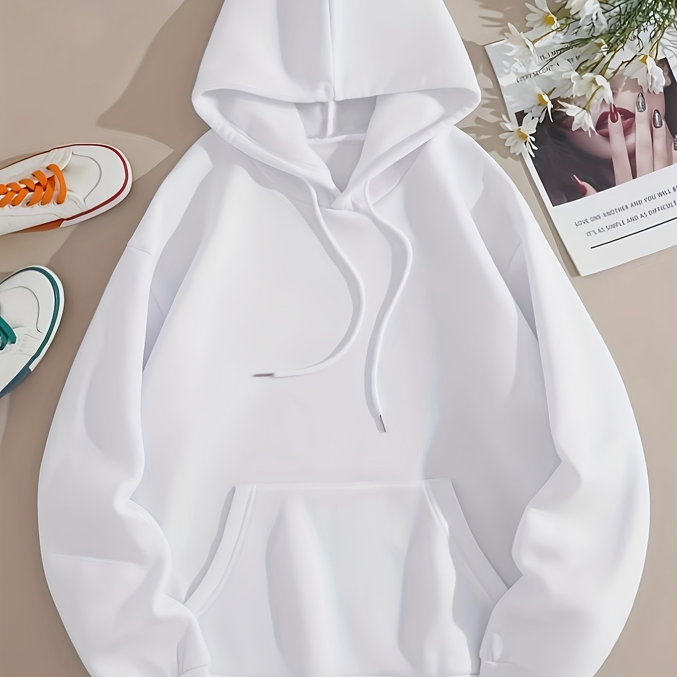 

White Thermal Hoodies, Long Sleeve Casual Sweatshirt For Fall & Winter, Women's Clothing