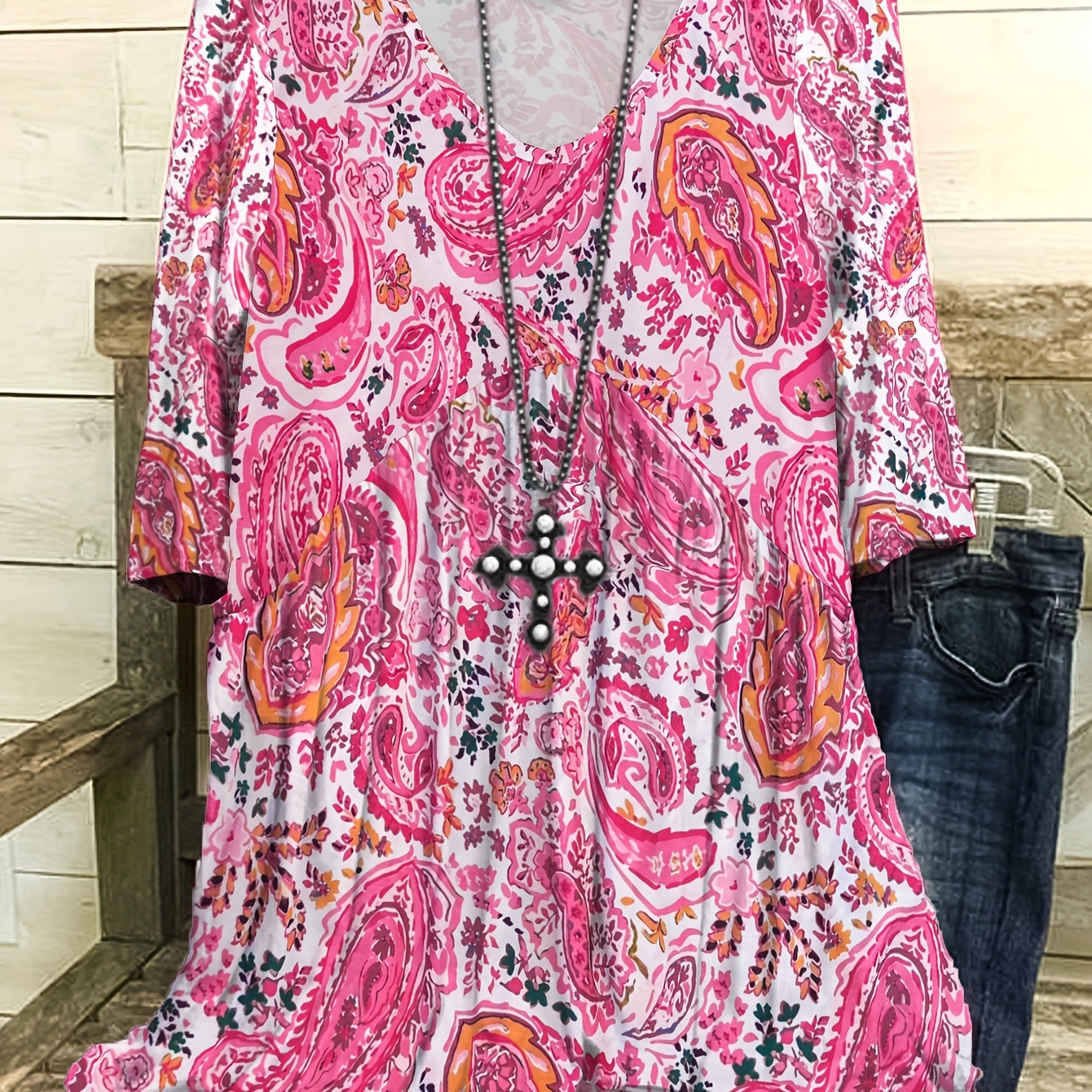

Plus Size Paisley Print Loose Dress, Vacation 3/4 Sleeve Dress For Spring & Summer, Women's Plus Size Clothing