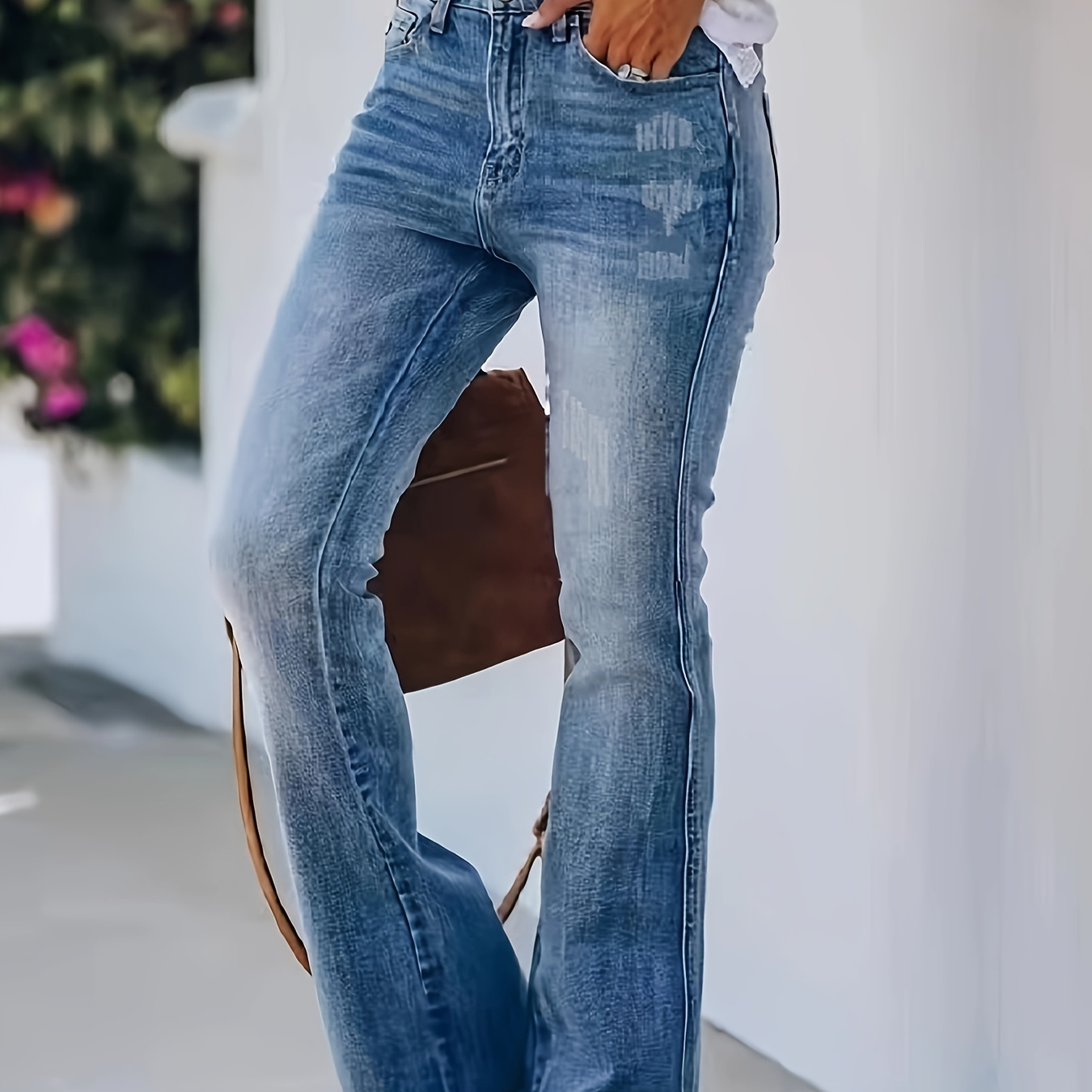 

Women's High-waisted Stretch Denim Flare Jeans, Vintage Street Style, Casual Distressed Bell Bottom Pants