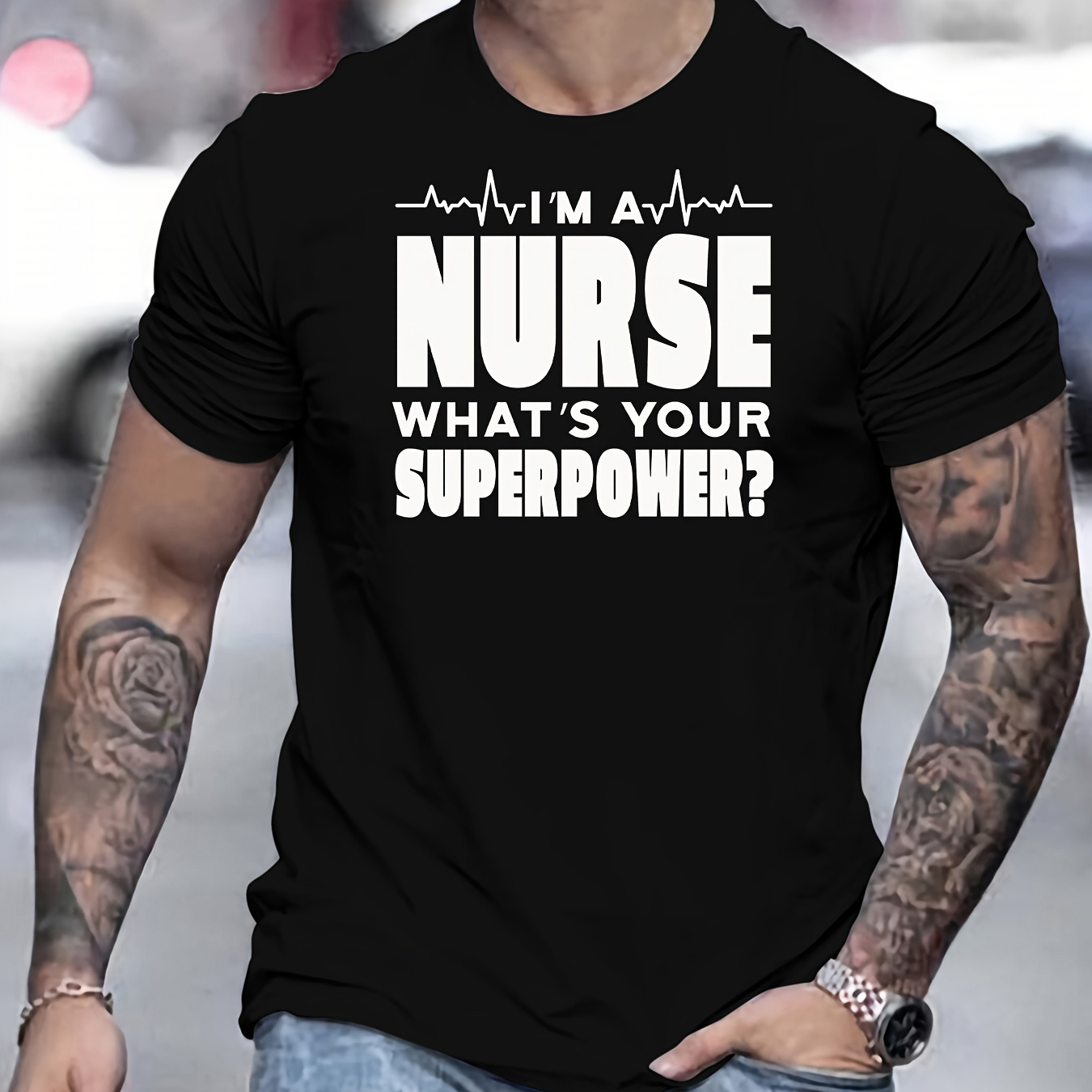 

Nurse What's Your Superpower Print, Men's Round Crew Neck Short Sleeve, Simple Style Tee Fashion Regular Fit T-shirt, Casual Comfy Top For Spring Summer Holiday Leisure Vacation Men's Clothing As Gift
