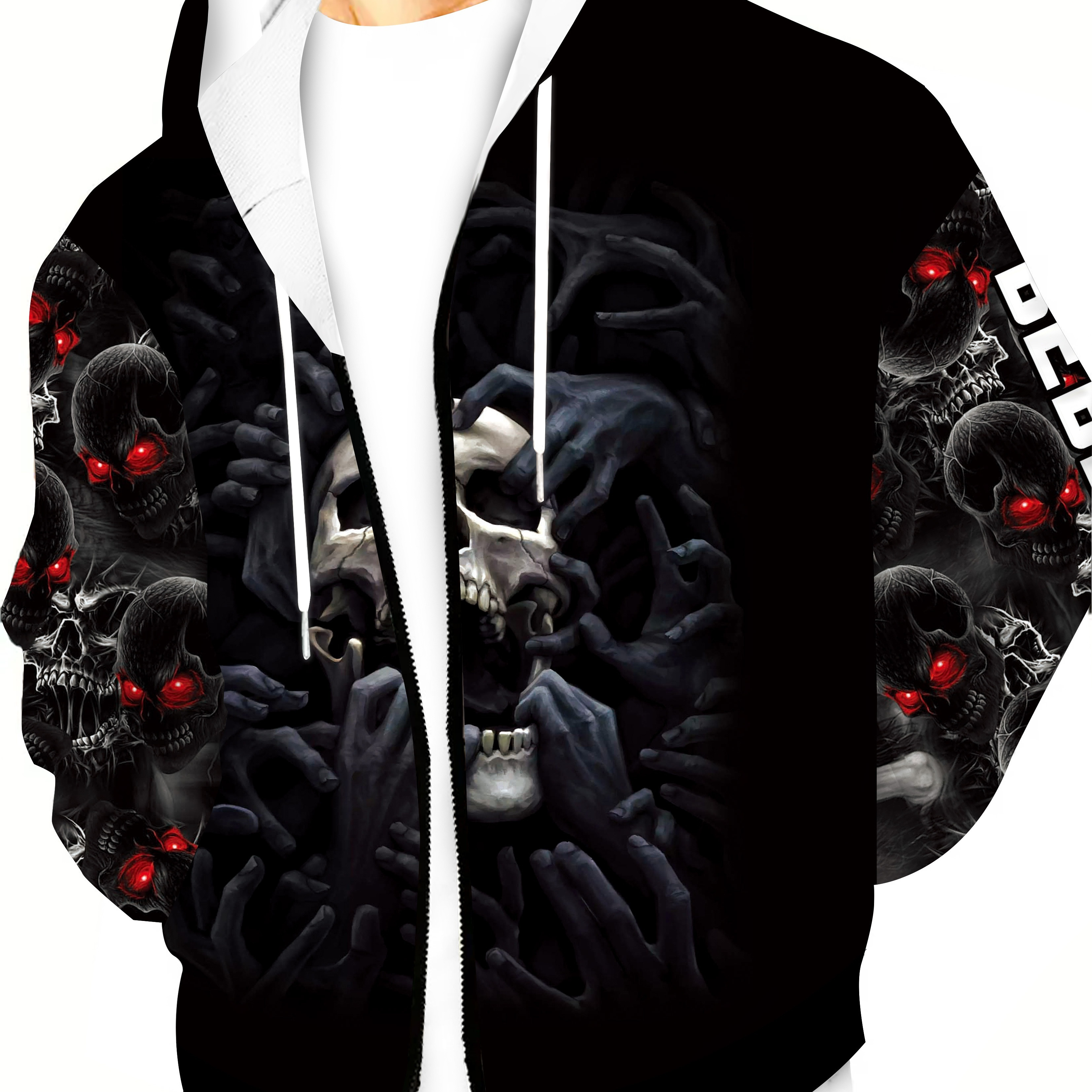 

Plus Size Men's Gothic-inspired Lightweight Jacket - Casual Fashion Baseball Coat With Skull & Print, Zip-up, Drawstring Hood For Tall & Big Guys - Spring & Fall, Plus Size