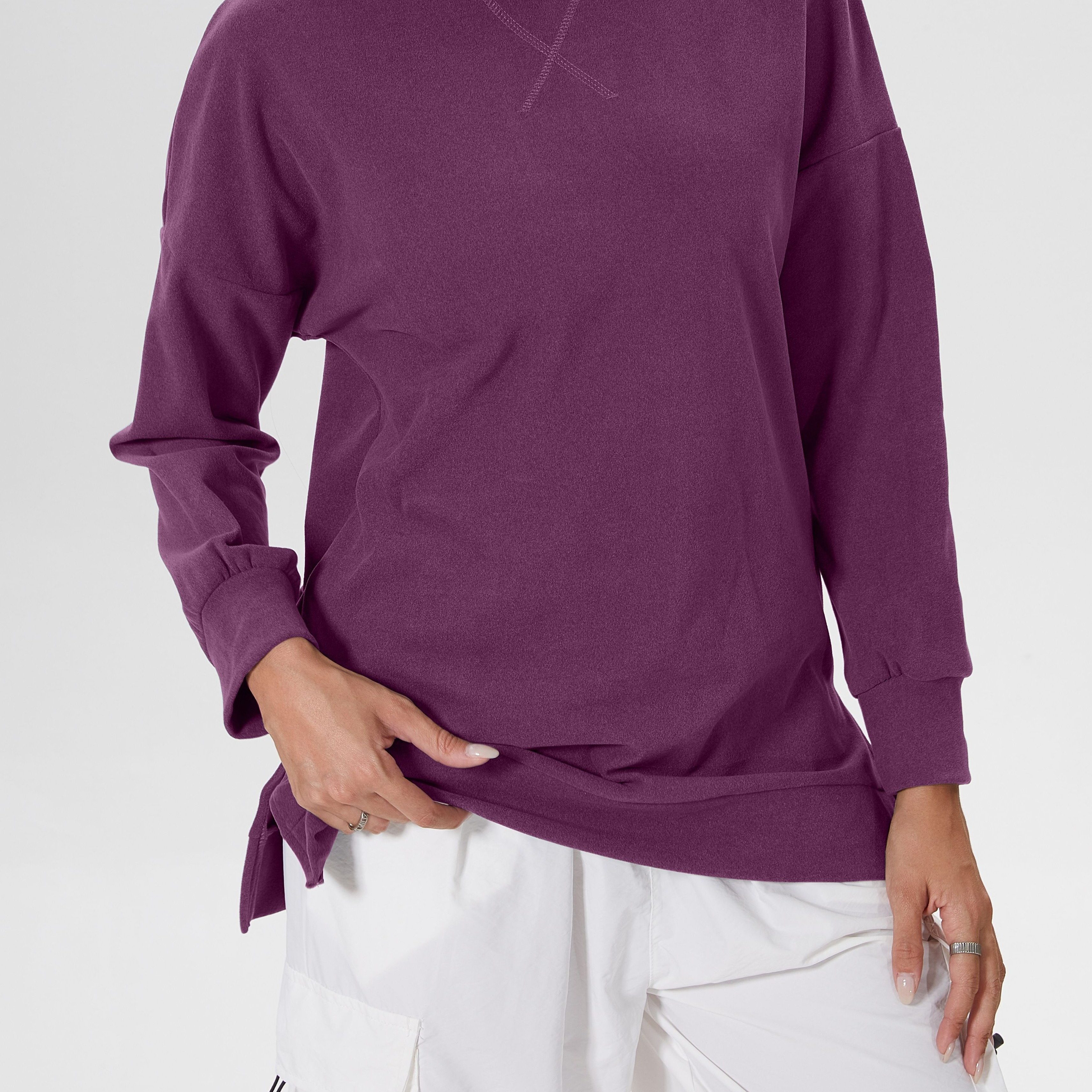 Women's Solid Color Split Hem Fleece Sweatshirts, Round Neck Casual Sports Long Sleeve Pullover Tops, Women's Sporty Sweatshirts