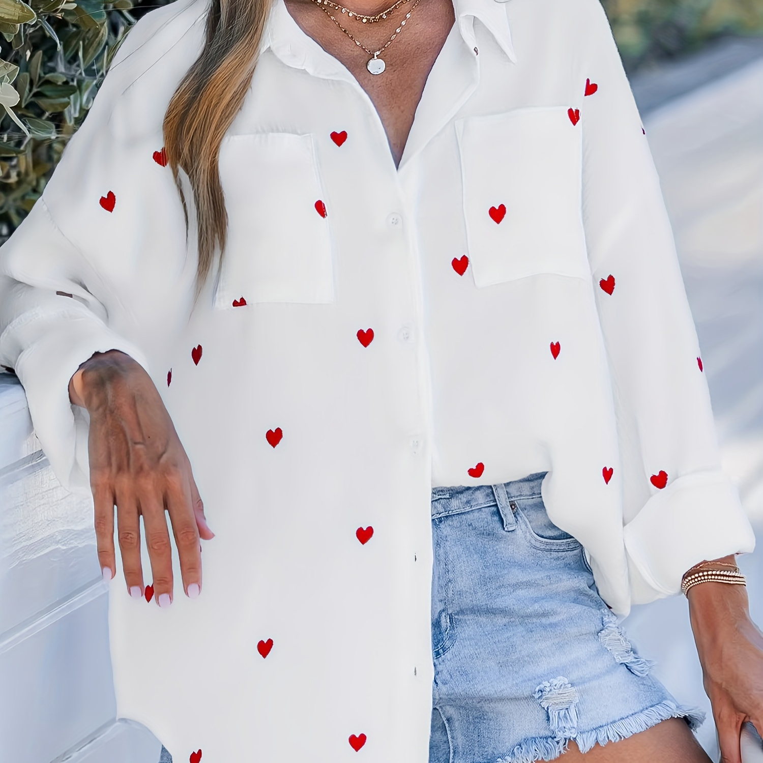 

Heart Print Patched Pockets Shirt, Sweet Long Sleeve Shirt For Spring & Fall, Women's Clothing