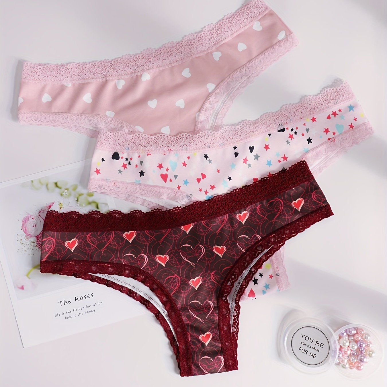 3 Pack Plus Size Cute Underwear Set, Women's Plus Heart & Star Print  Contrast Lace Trim Medium Stretch Panties Three Piece Set